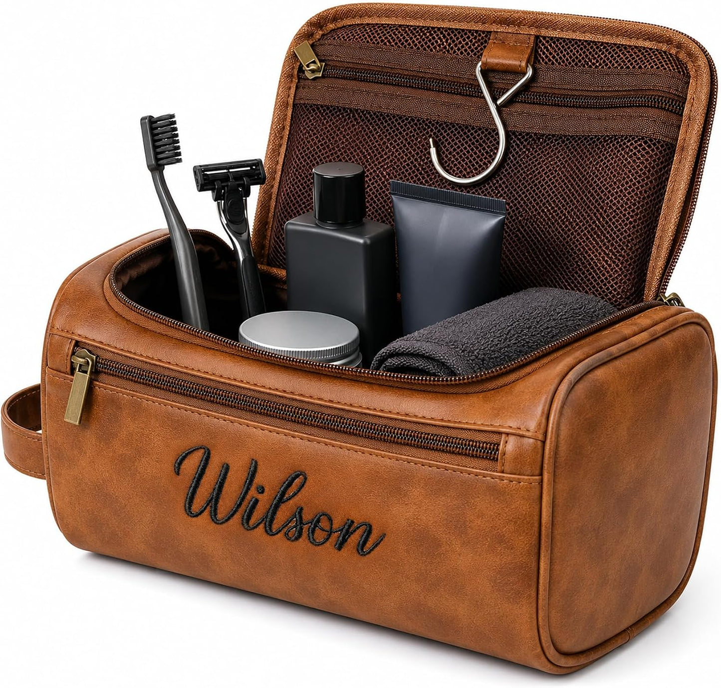 Personalized Toiletry Bag for Dad - Custom Embroidered PU Leather Dopp Kit | Waterproof Travel Organizer (Coffee)
