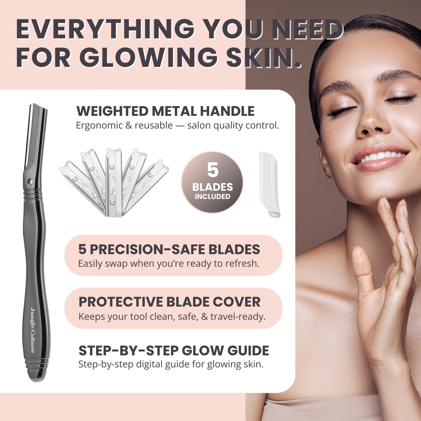 Jungle Culture Dermaplaning Tool – Facial Razor for Women with 5 Refill Blades – Reusable Eyebrow Shaper & Exfoliator – Black