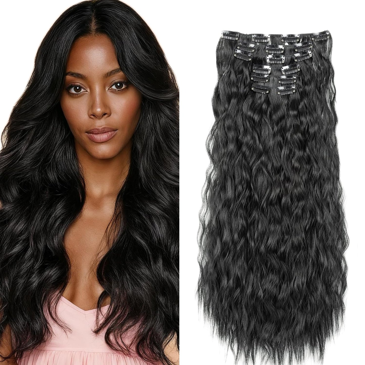 #1B Long Wave Clip in Hair Extensions Real Human Hair, 18 Inch 120g/7Pcs,Full Shine Remy Human Hair,Natural Black Clip ins Brazilian Virgin Human Hair Extensions