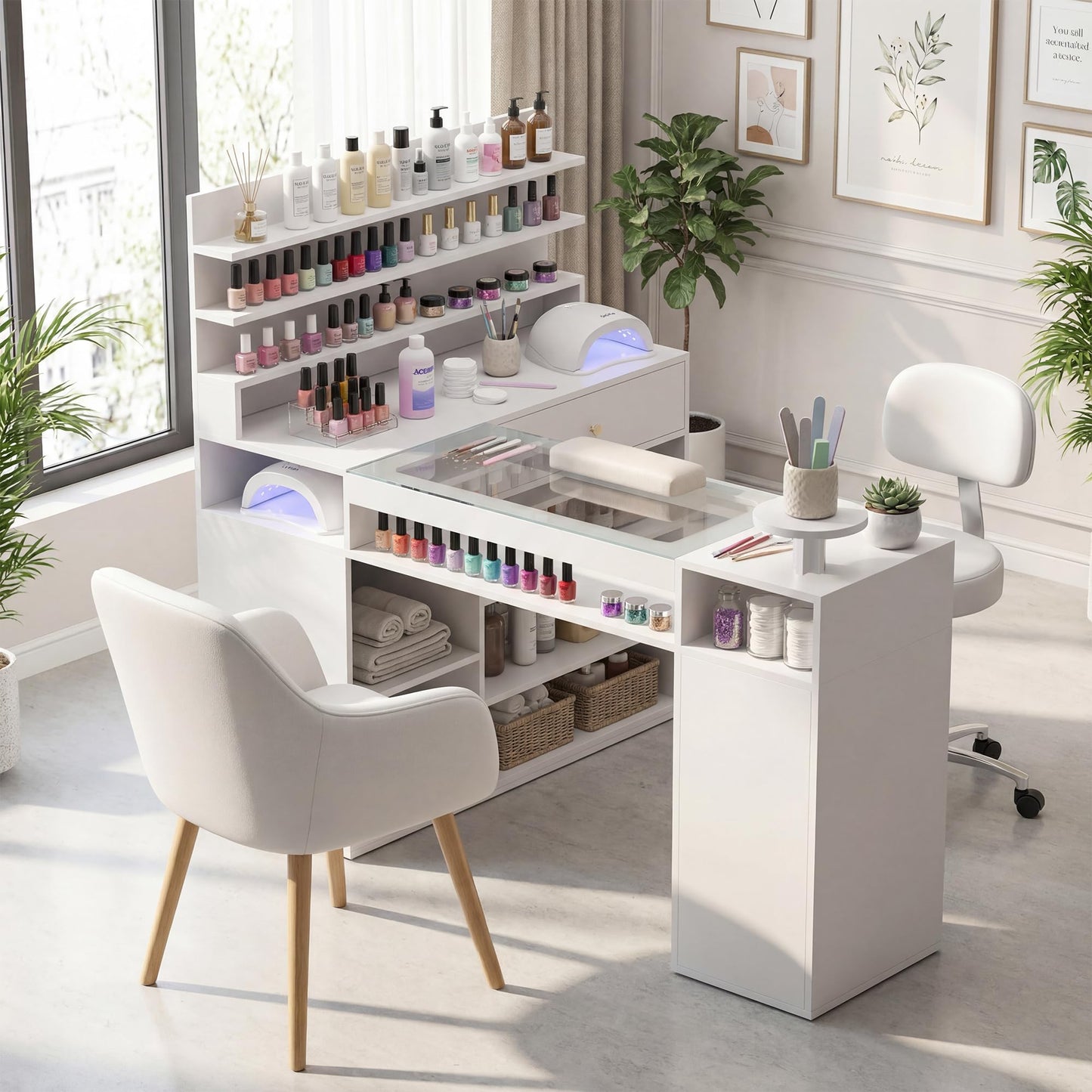Lavoker Manicure Table Nail Station 60 inch L-Shaped Nail Desk for Nail Tech with Glass Table Top White Nails Table with Shelves Drawer Storage Space.
