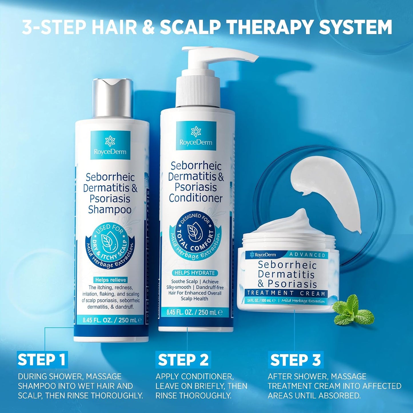 Seborrheic Dermatitis & Psoriasis Treatment Set - Scalp Therapy Cream, Shampoo & Conditioner for Itching, Flaking Relief | 3-Piece System