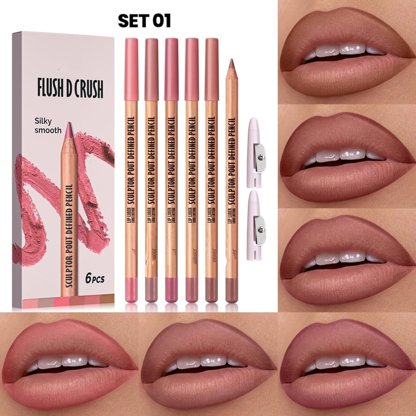 Lip Liner Set - 6 Pcs High Pigmented Matte Finish | Natural Oak, Brown, Pink, Red Colors
