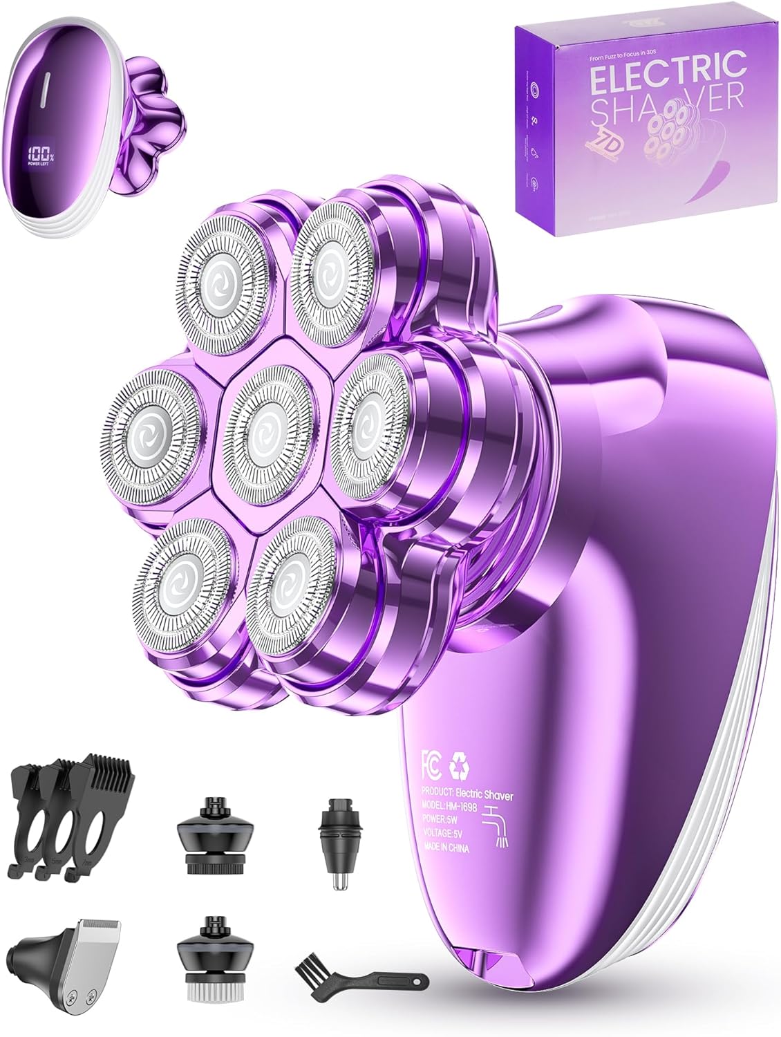 Electric Head Shaver for Bald Men - 7D Magnetic Waterproof Razor | 5-in-1 Grooming Kit (Gray)