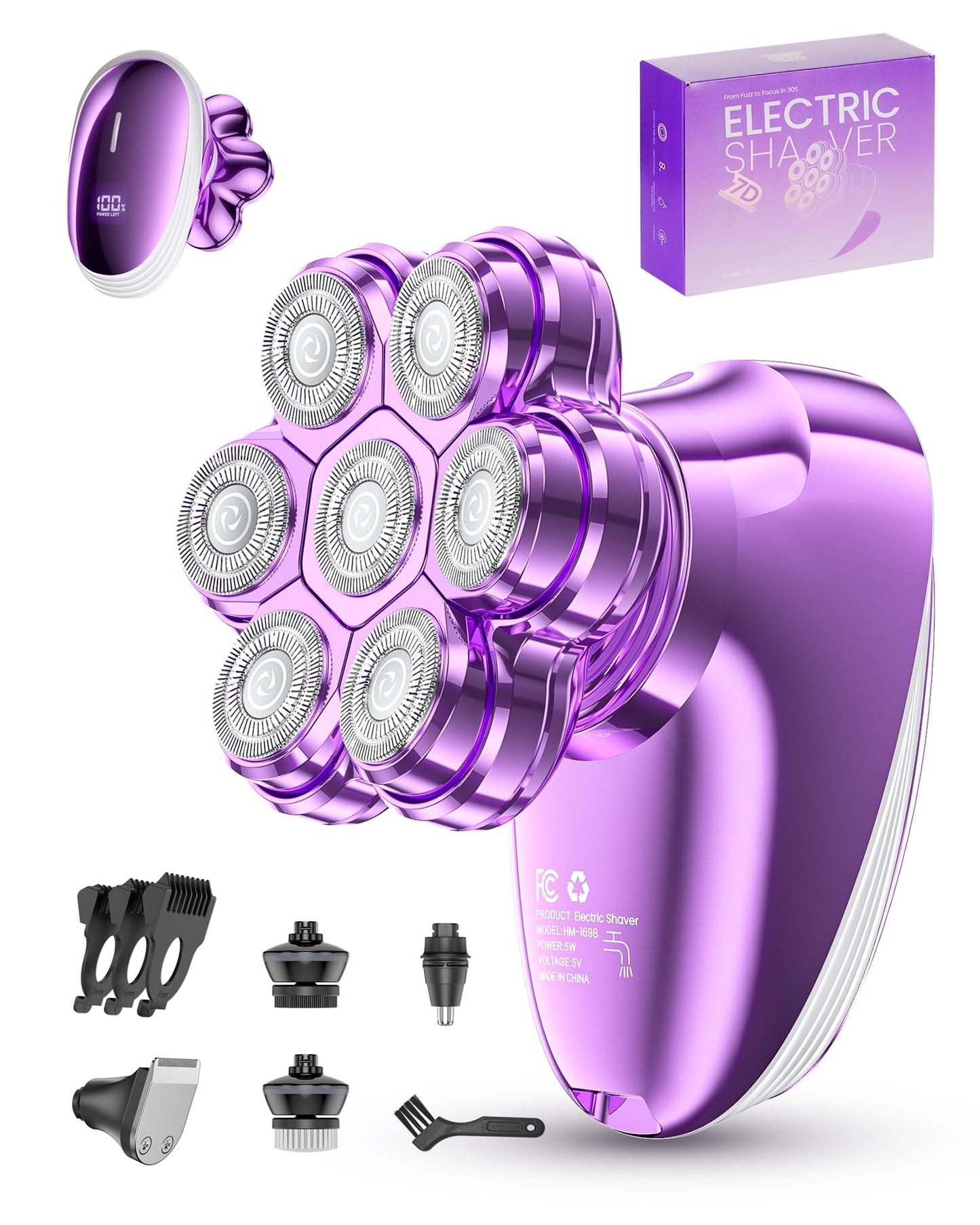 5-in-1 Electric Razors for Women, 7D Magnetic Heads Full Body Shaver, Waterproof Wet Dry Hair Remover with LED Display, Rechargeable Bikini Trimmer for Underarms, Face, Legs, Lips, Arms (Purple)