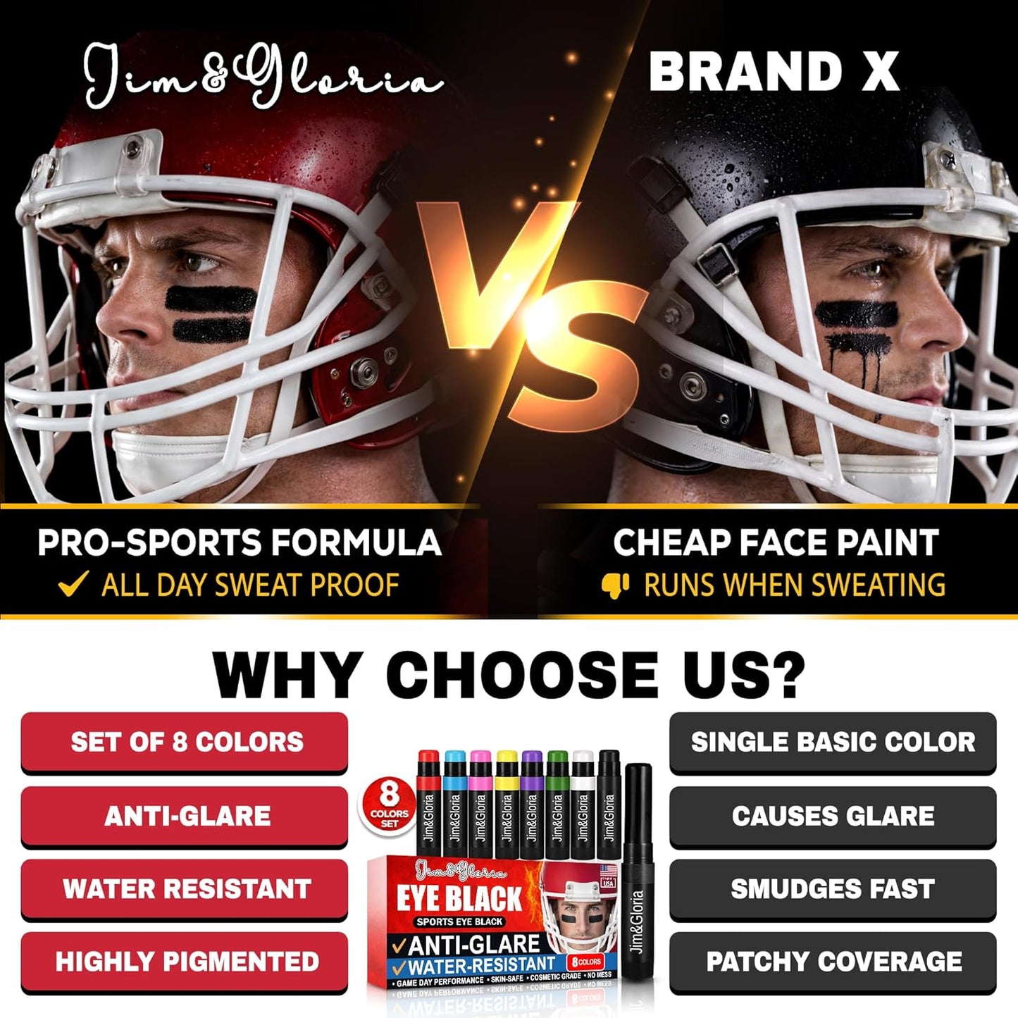Water Resistant Eye Black Stick - Anti-Glare Sports Face Paint for Softball, Baseball, Football | 8 Colors Available