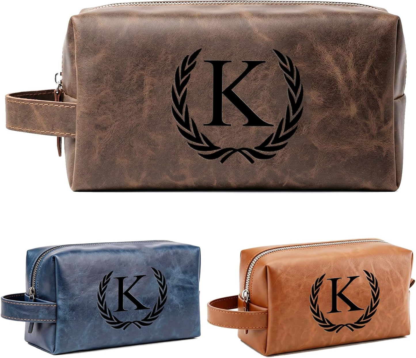 Personalized Leather Toiletry Bag for Men | Engraved Initial Waterproof Travel Bag - Dark Brown