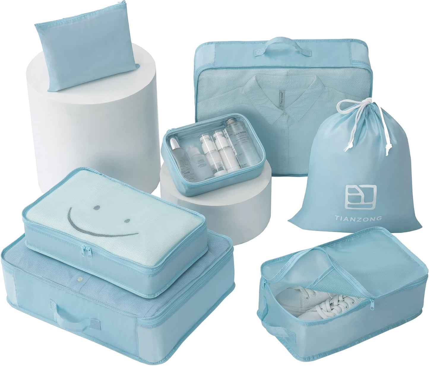 7-Piece Packing Cubes Set - Travel Organizers with Shoe & Toiletry Bag | Sky Blue