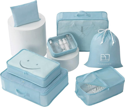 7-Piece Packing Cubes Set - Travel Organizers with Shoe & Toiletry Bag | Sky Blue
