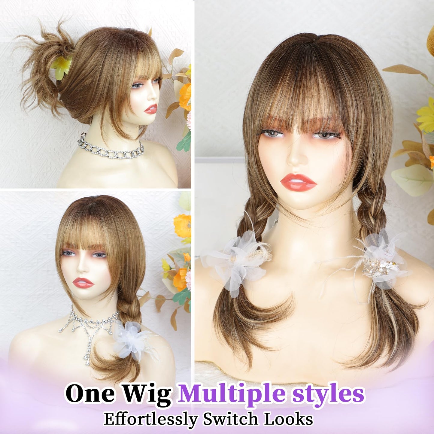 XIXIBI Light Brown Wig with Bangs for Women, Ombre Brown Mixed Blonde Highlights Layered Curly Wavy Wigs, Beginner Friendly 4x4 Realistic Scalp Synthetic Wigs for Daily Party Use 18Inch
