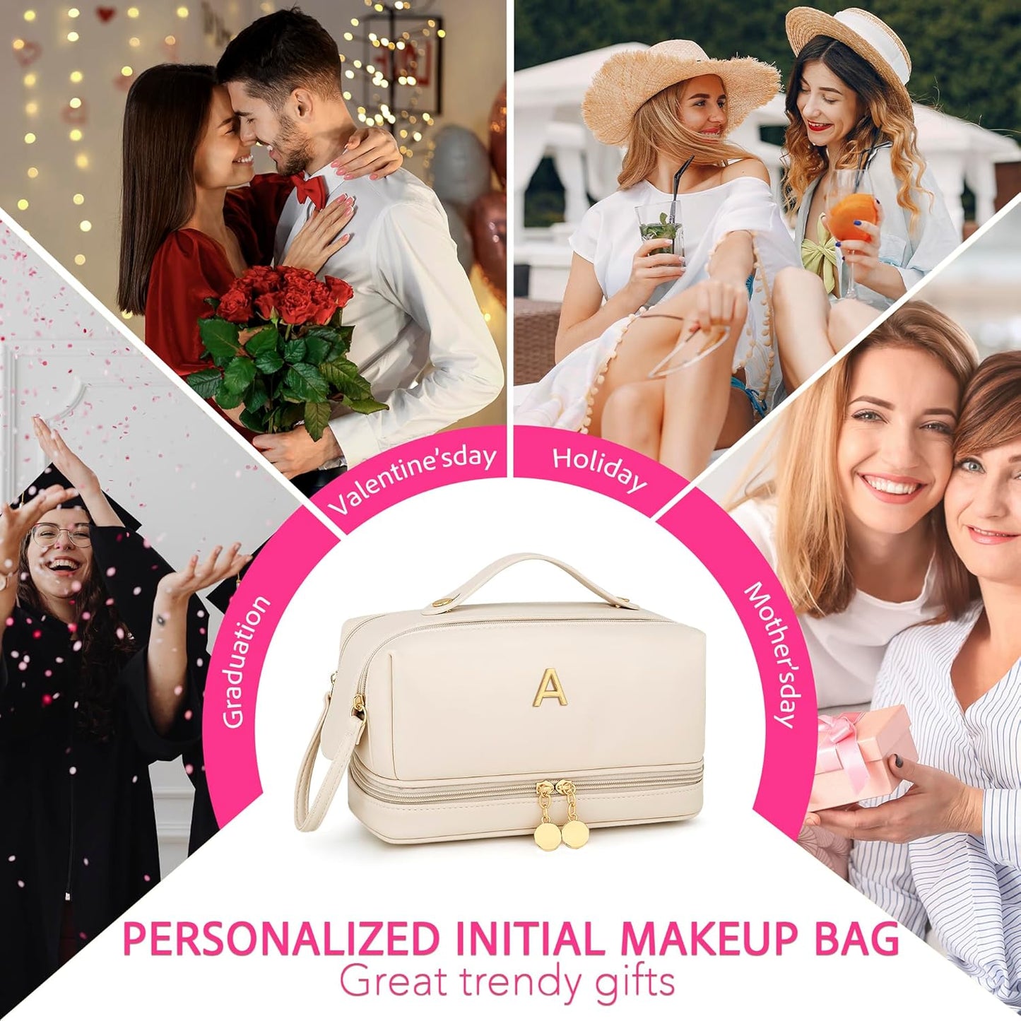 Personalized Makeup Bag for Women - Large Capacity Travel Toiletry Organizer | Beige A