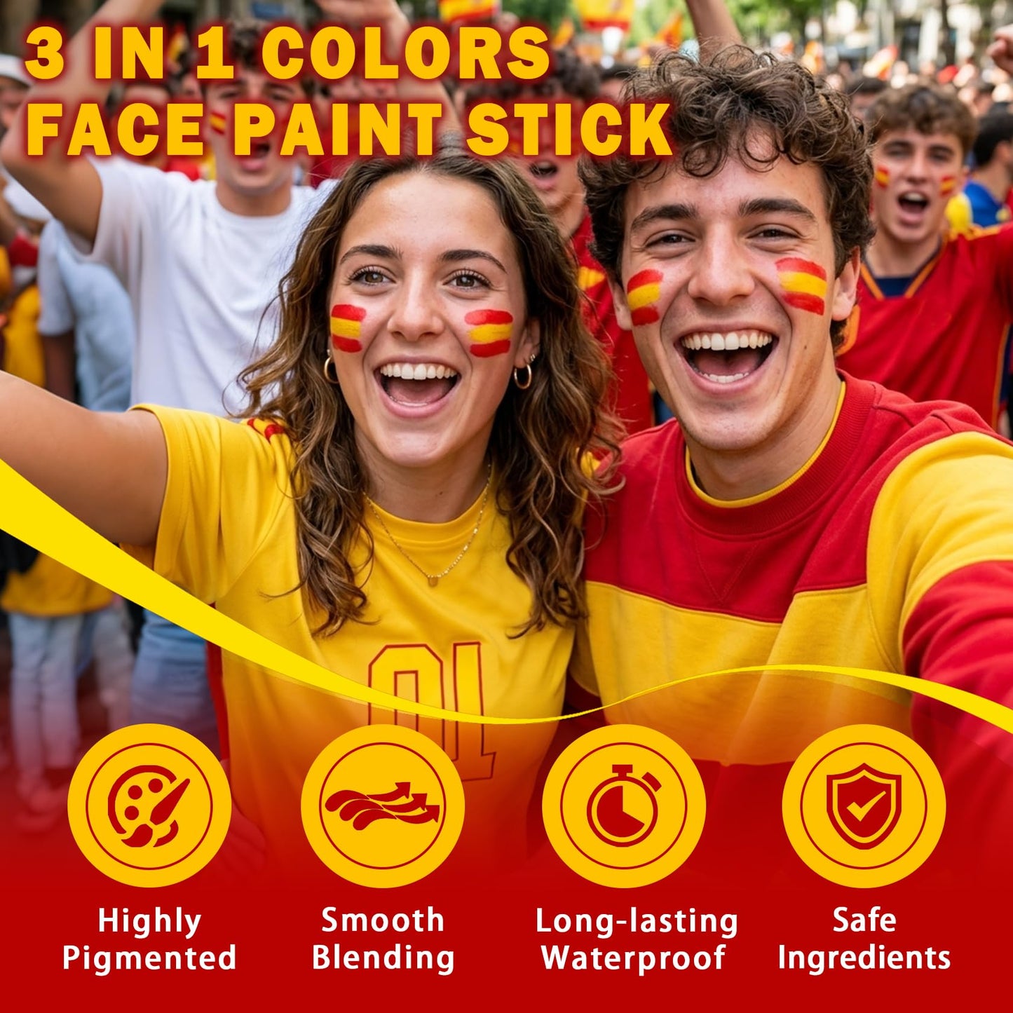 LZXLUKGIR Red Yellow and Red Face Paint Stick,3 in 1 Colors Spain Face Body Paint Sticks for Soccer,Football,Softball,Baseball,High Pigment & Waterproof Eye Black Stick Makeup （03 Spain）