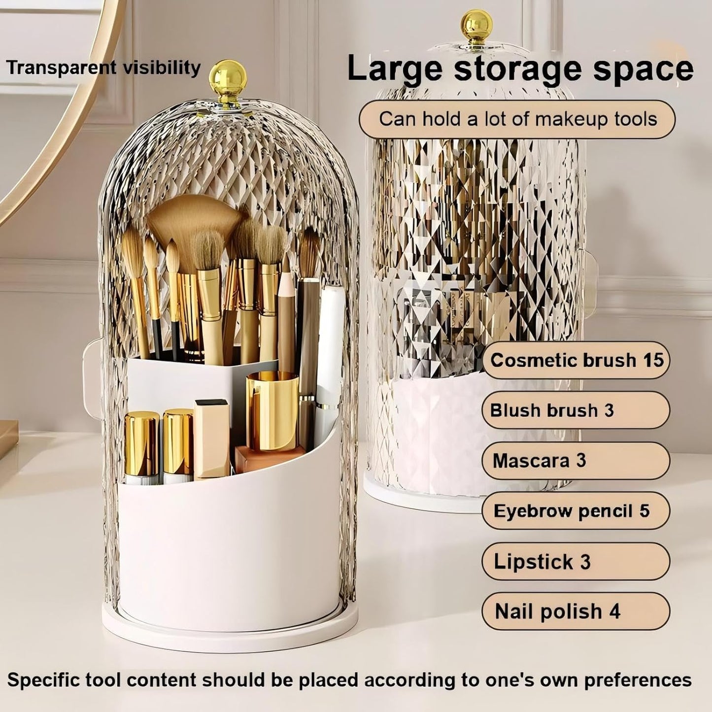 Makeup Brush Holder - 360° Rotating Waterproof Storage Box | Diamond Pattern, White