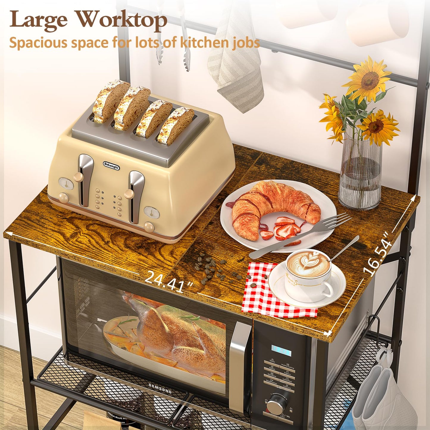 4 Tier Coffee Bar Station, Kitchen Stand with 8 S-Shaped Hooks, Large Space Coffee Station Table, Farmhouse Coffee Bar Shelf, Bakers Rack for for Kitchen, Living Room, 23.62" W x 15.74" D x 57.13" H