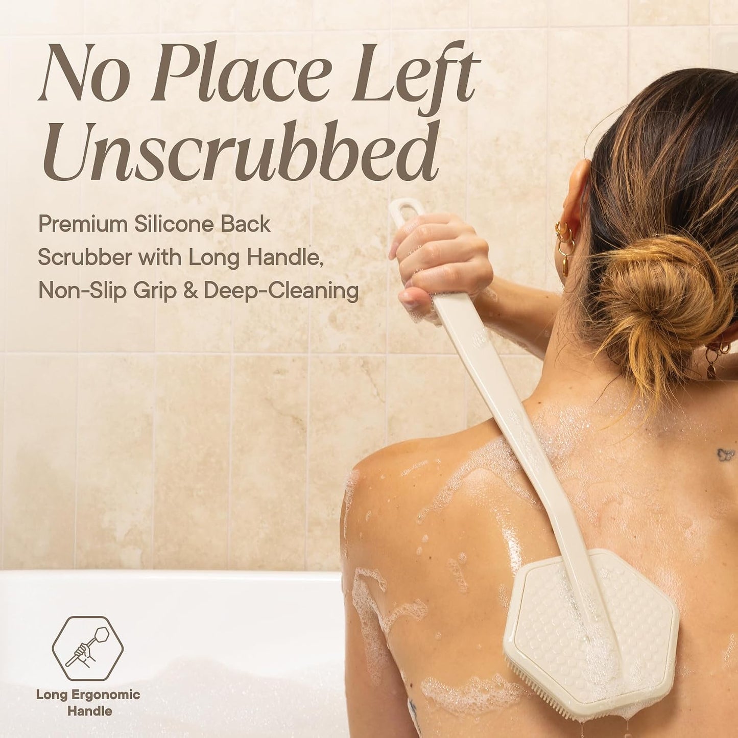 Silicone Back Scrubber for Shower | Exfoliating Body Brush with Long Ergonomic Handle & Non-Slip Grip - Sand Color