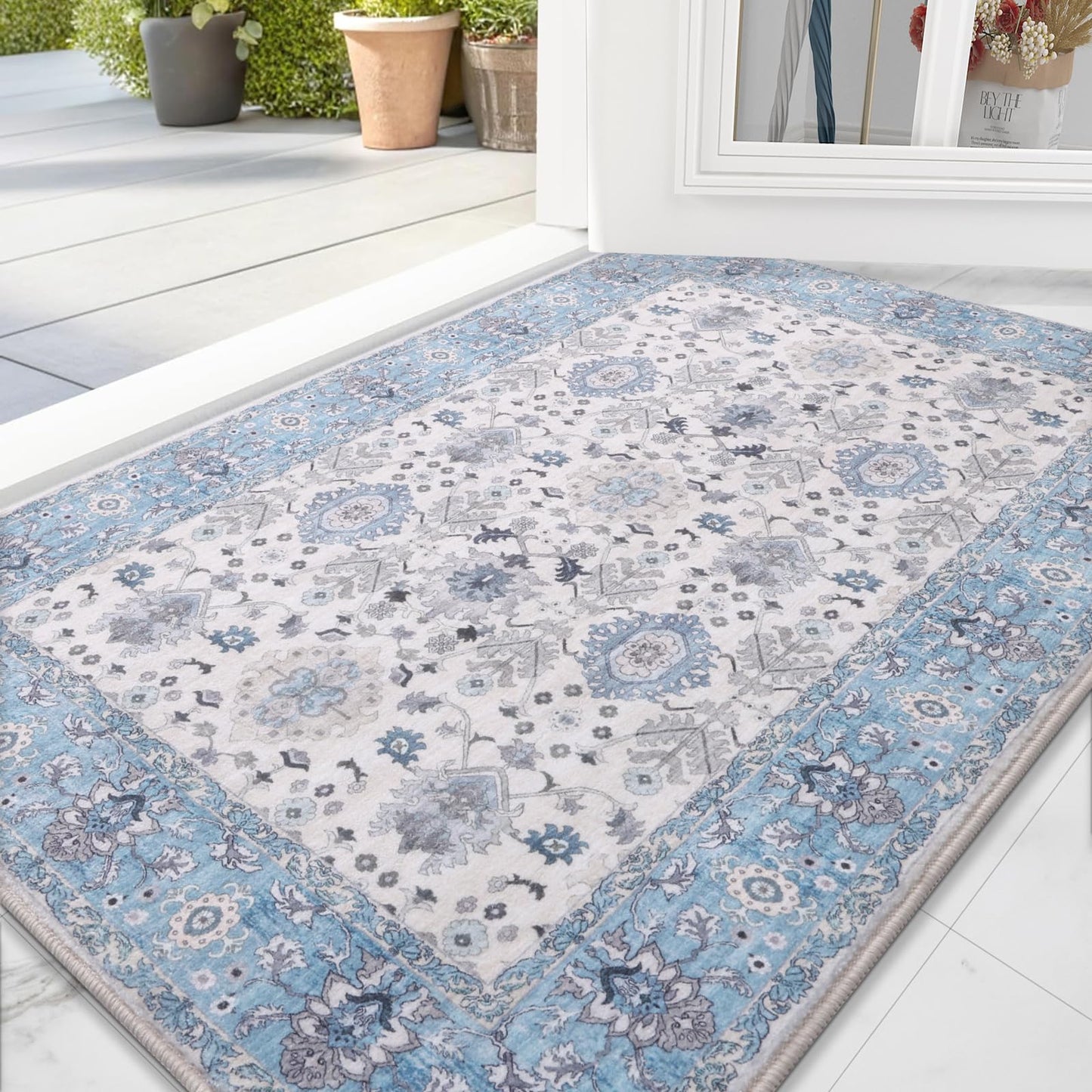 Vanmoos 2x3 Washable Area Rug – Soft, Non-Slip Entrance Rug, Durable Indoor Door mat, Floor Carpet for High-Traffic Areas, Entryway, Kitchen, and Bedside, Cozy Elegance/Blue