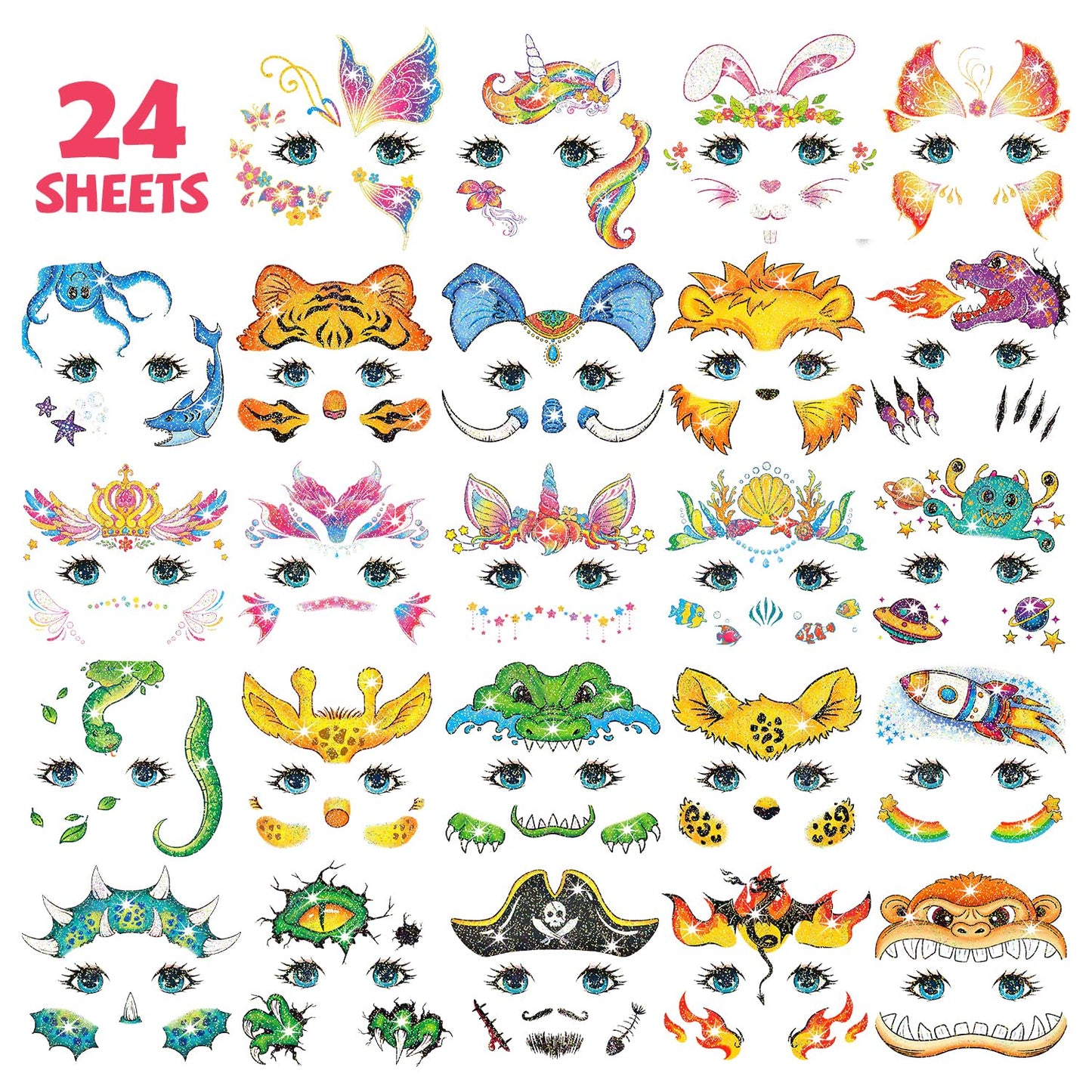Glitter Face Tattoos for Kids - 24 Sheets of Fun Party & Birthday Designs | Perfect for Goodie Bags & Prizes