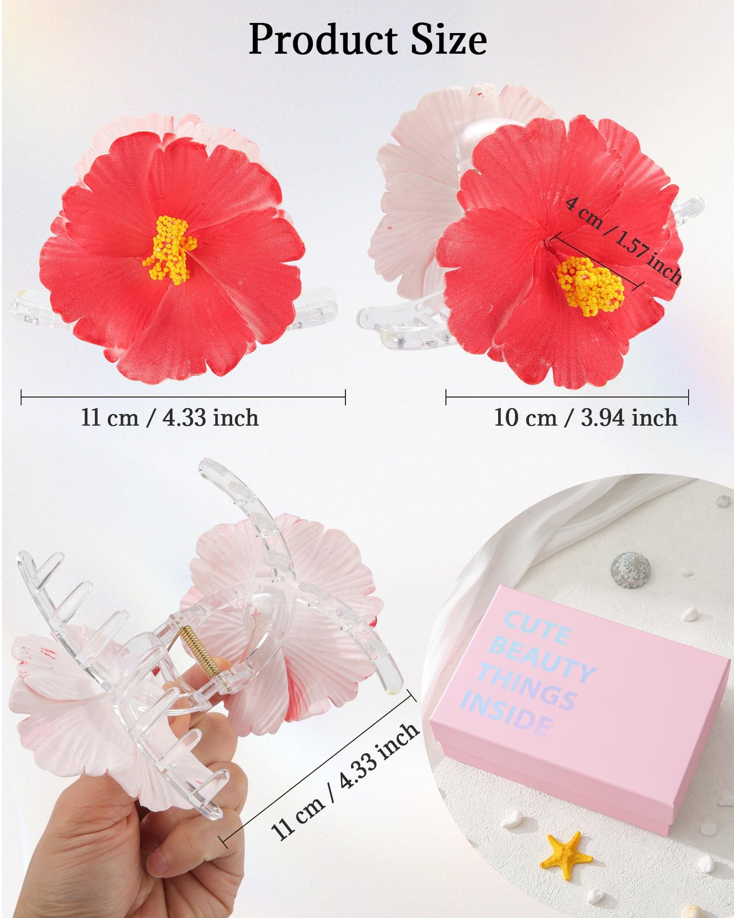Molans Hawaiian Flower Hair Clips for Women - 3Pcs Artificial Flower Head Claws, Plumeria Hibiscus Hairclip for Wedding Beach Party, Cute Summers Tropical Flowers Clip for Thick Hair