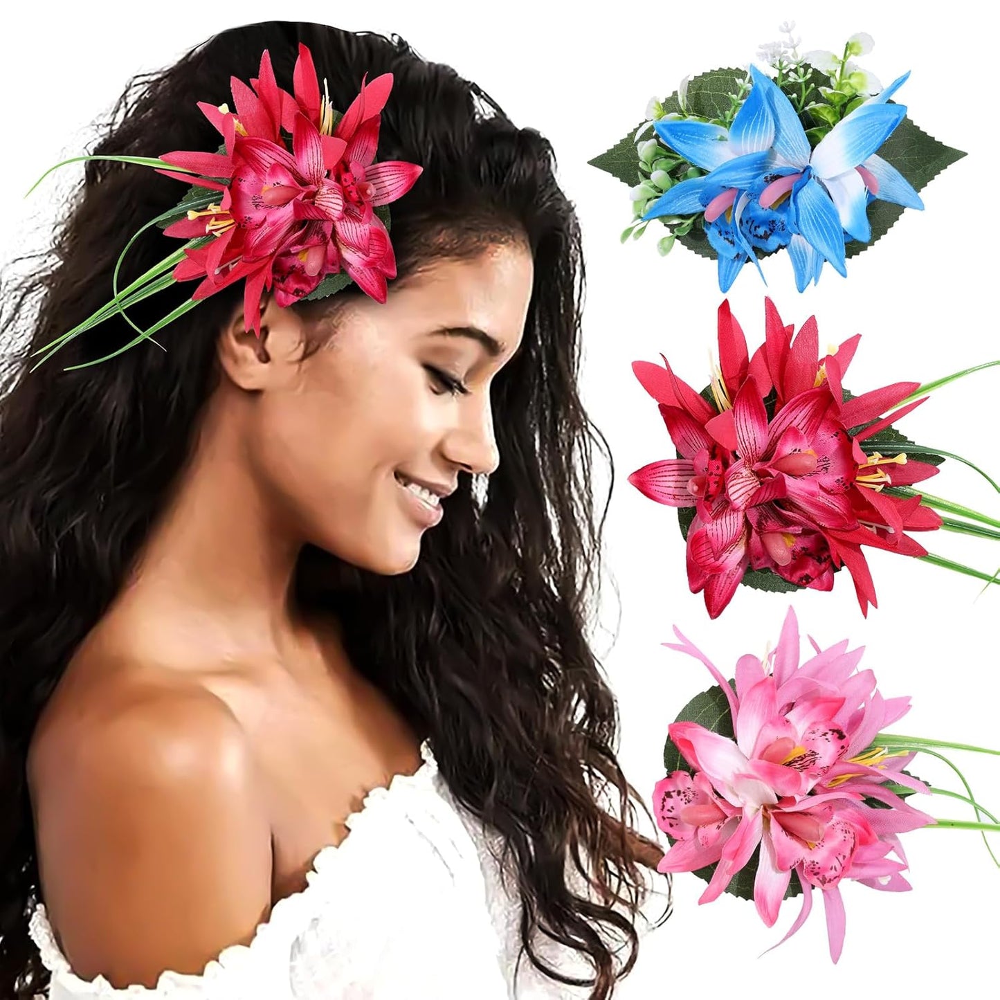 Hawaiian Flower Hair Clips - 3-Piece Set of Tropical Hair Pins | Artificial Floral Accessories in Blue, Pink, Purple