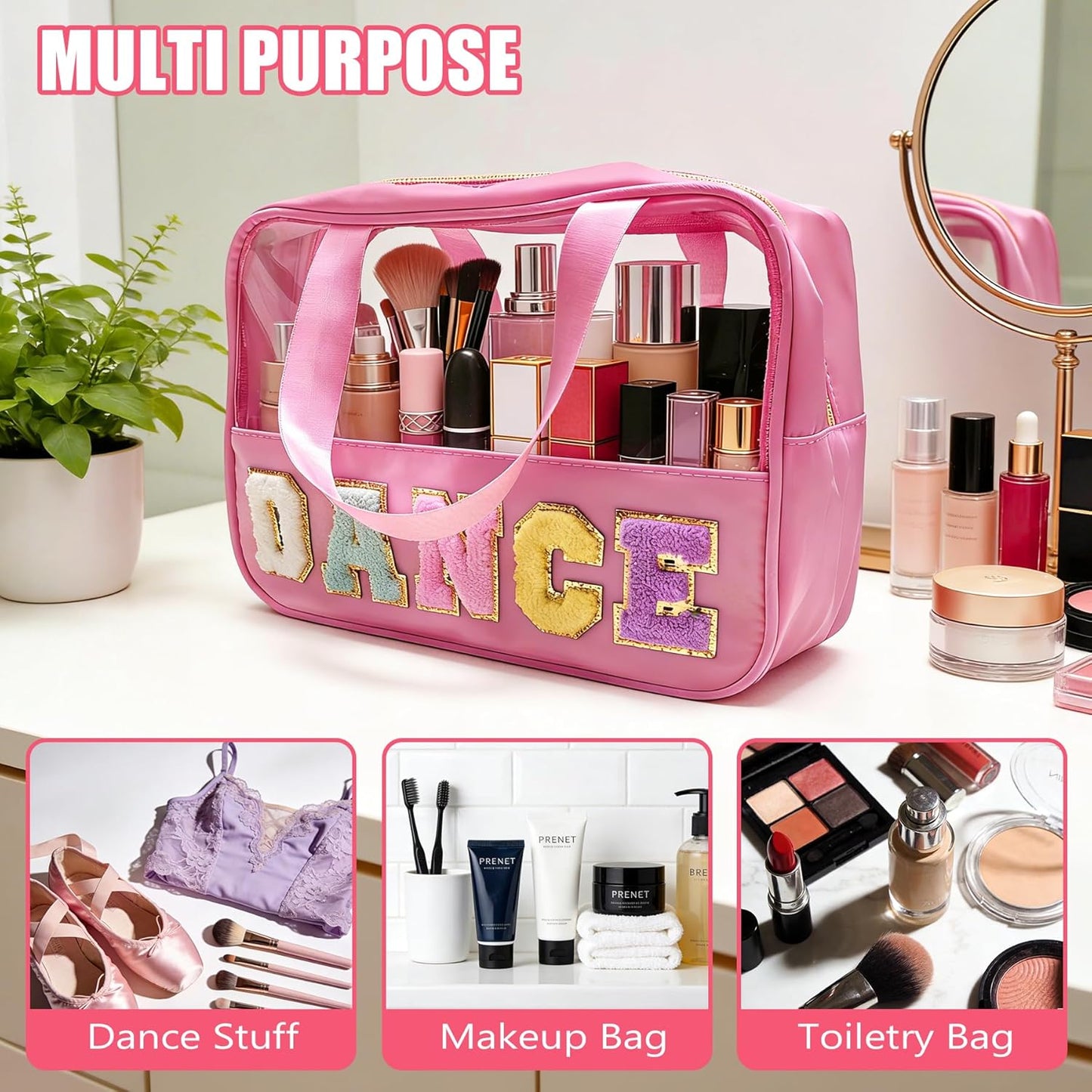 Dance Makeup Bag - Chenille Letter Patch Clear Ballet Cosmetic Case | Waterproof Nylon, Perfect for Dance Recitals & Competitions