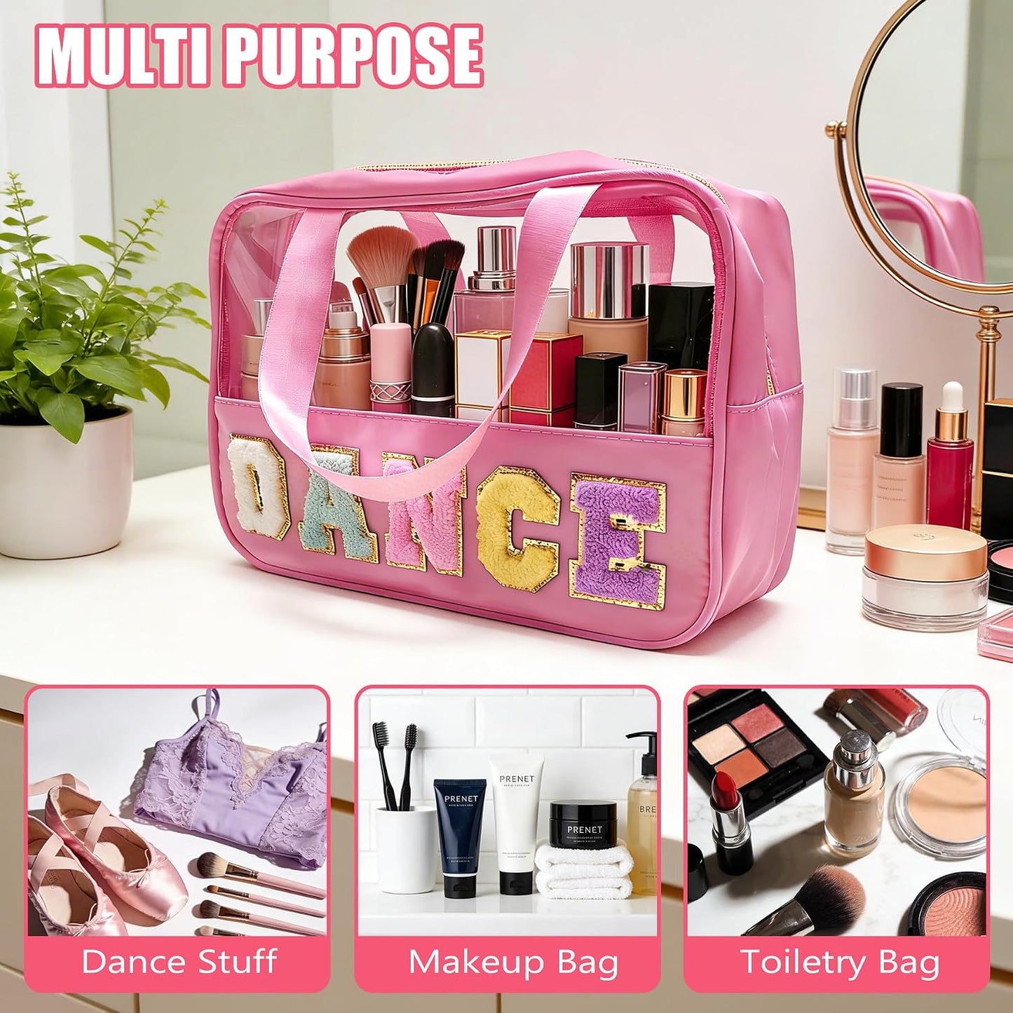 Dance Makeup Bag - Chenille Letter Patch Clear Ballet Cosmetic Bag | Waterproof Nylon, Zippered Handle