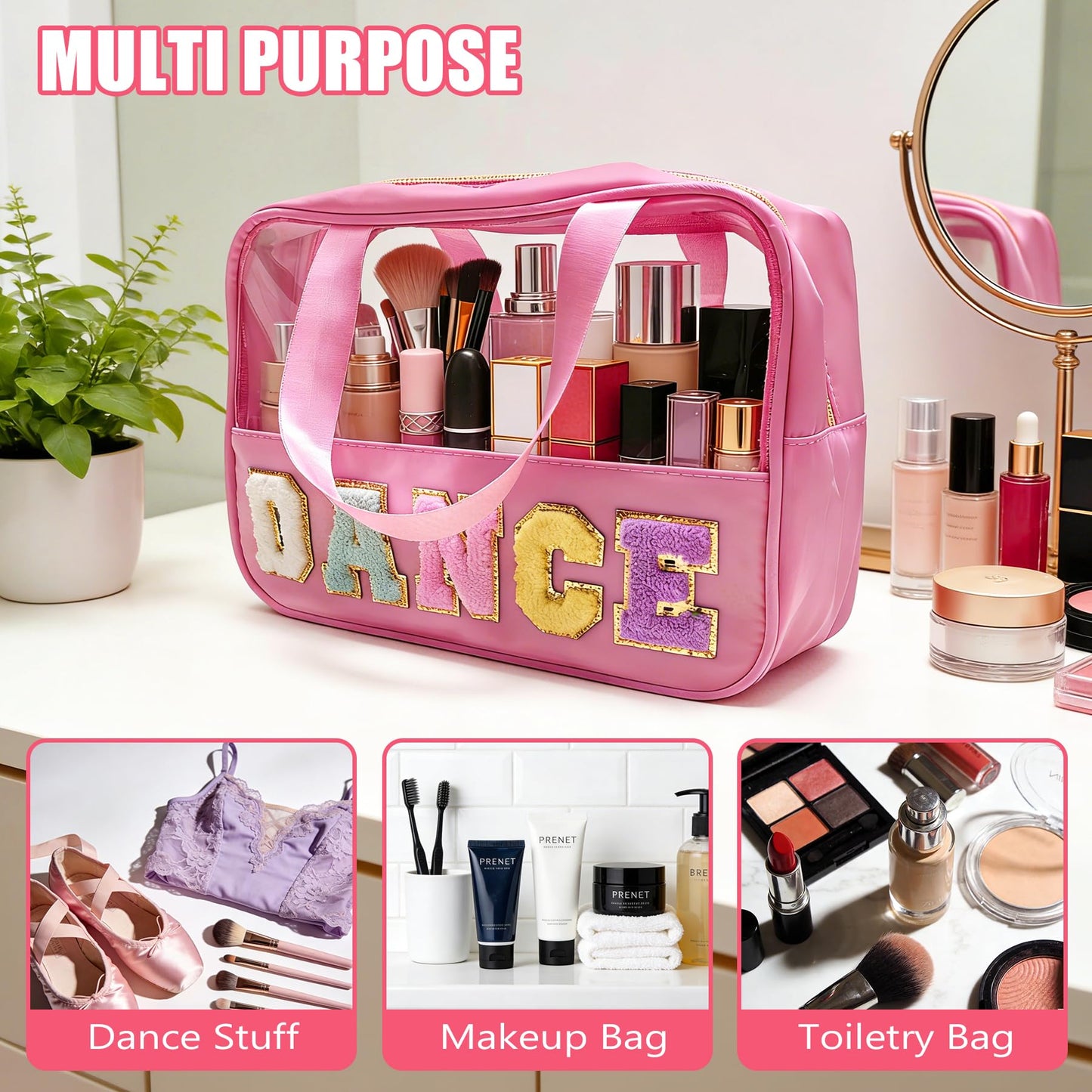 Dance Makeup Bag, Dance Recital Gifts for Girl Women, Chenille Letter Patch Clear Ballet Cosmetic Bag with Handle and Zipper, Waterproof Nylon Travel Toiletry Make Up Bag, Dance Competition Must Haves