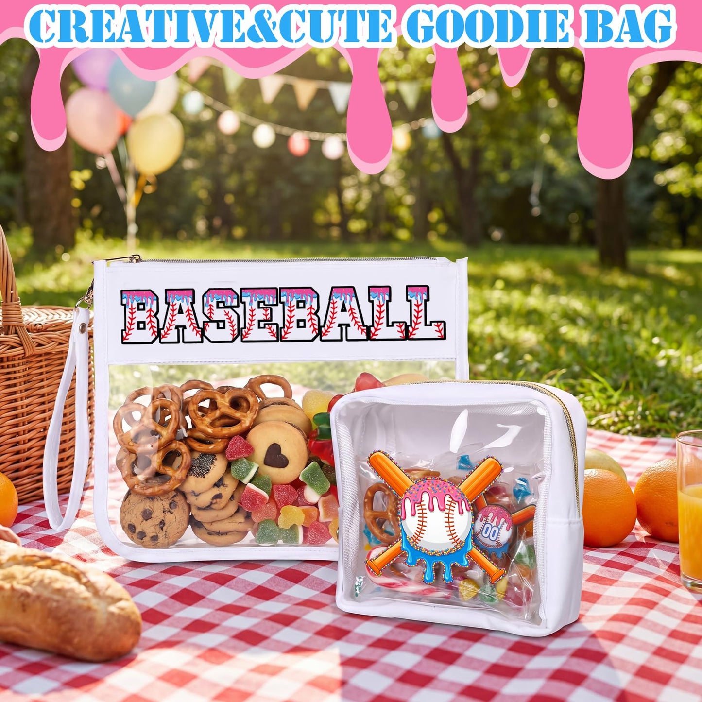 Tallew 2 Pcs Ice Cream Drip Baseball Makeup Bags Gifts Baseball Snack Pouch Mom Essentials Clear Cosmetic Bag Chenille Letter with Zipper Toiletry Purse Accessories Travel Case for Team Sport Gifts
