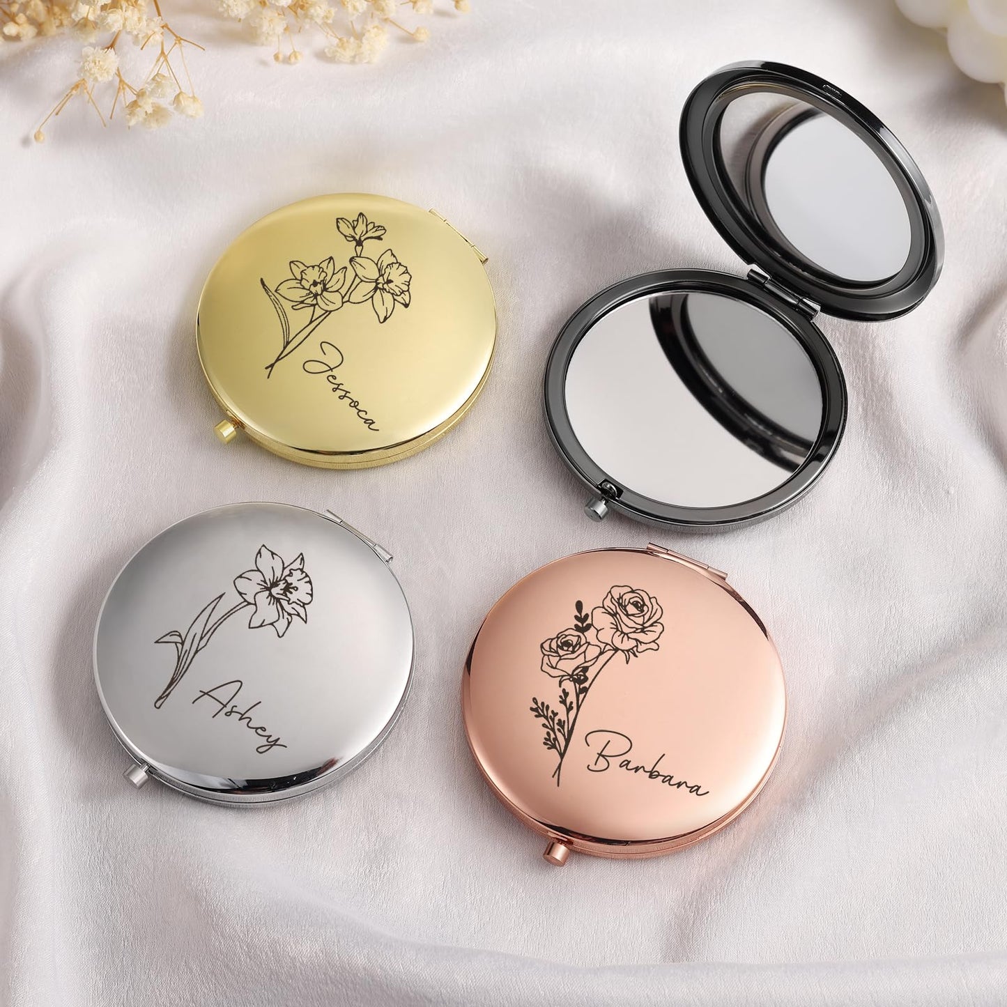 Ahgmeside Personalized Compact Mirror for Women - Pocket Mirror for Women,Custom Birthflower Travel Makeup Mirror for Wife, Mom, Bridesmaid Gifts for Daughter Friend (Rose Gold)