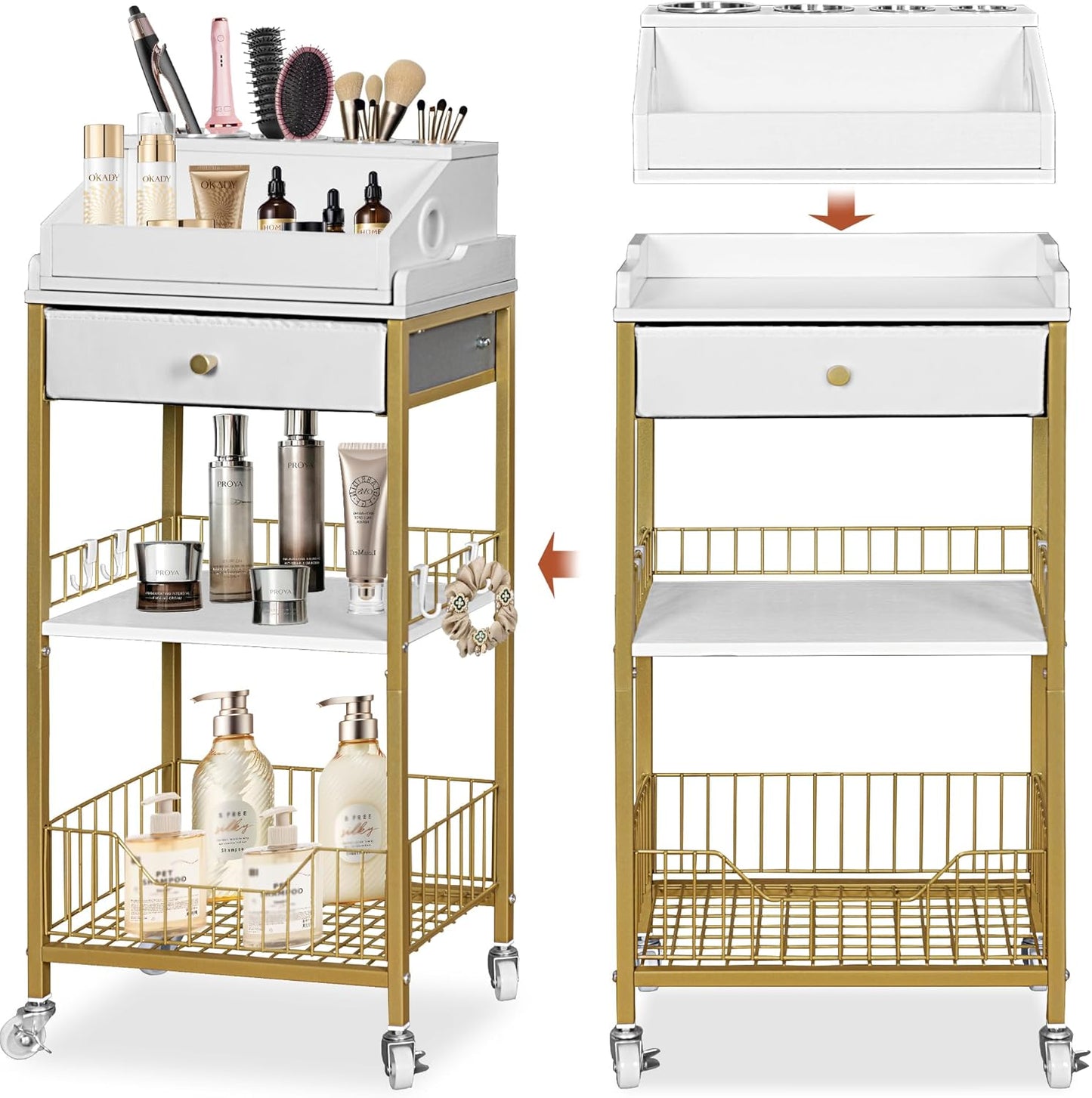 Large Makeup Organizer Cart - Rolling Vanity Storage with Hair Tool Holder | Gold & Black, 2-in-1 Design