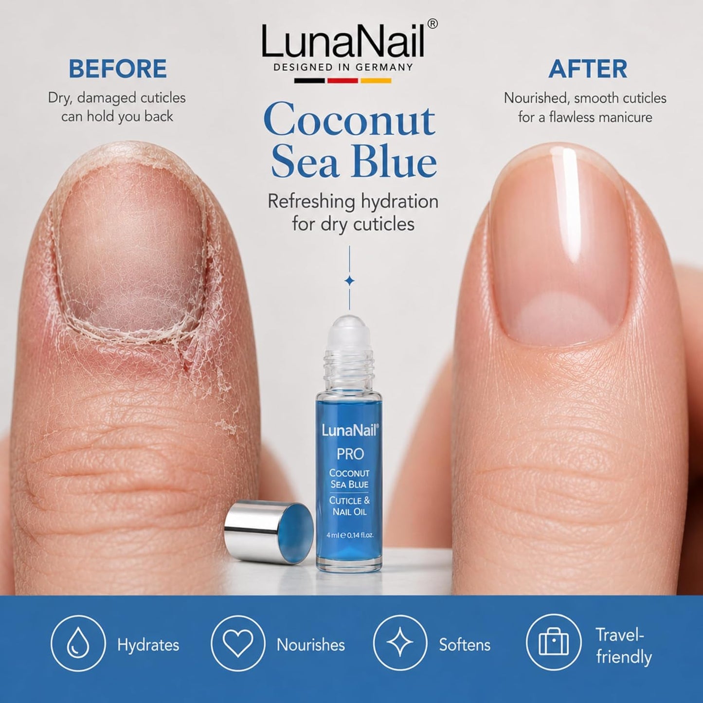 Cuticle Oil - Roll-On Nail Oil with Vitamin E & Jojoba | Hydrating Serum for Dry Cuticles - Coconut Sea Blue