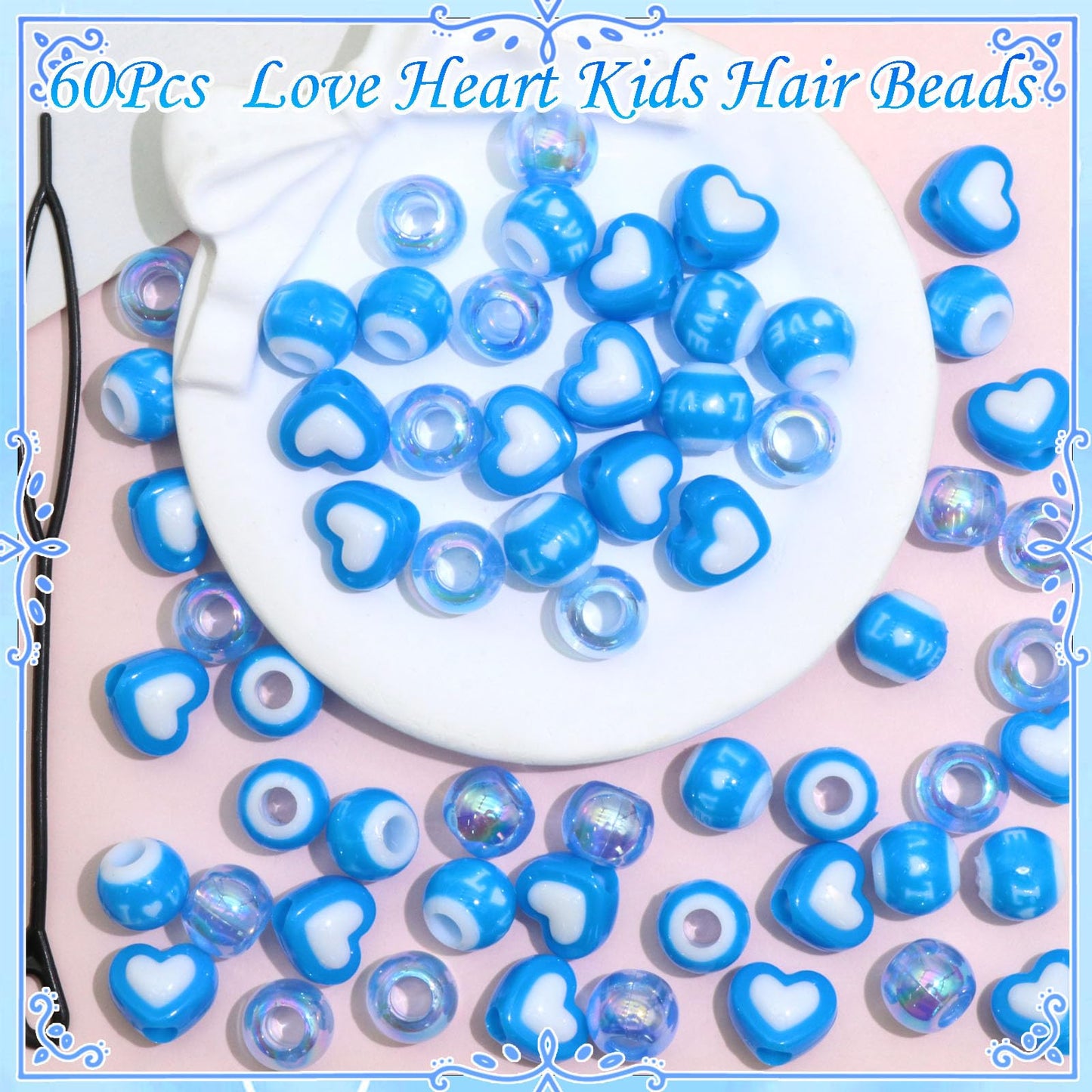 NAISKA 60Pcs Blue Hair Beads Heart Dreadlock Jewelry Bead Round Clear Braids Beads Hair Decoration Cute Hair Accessories