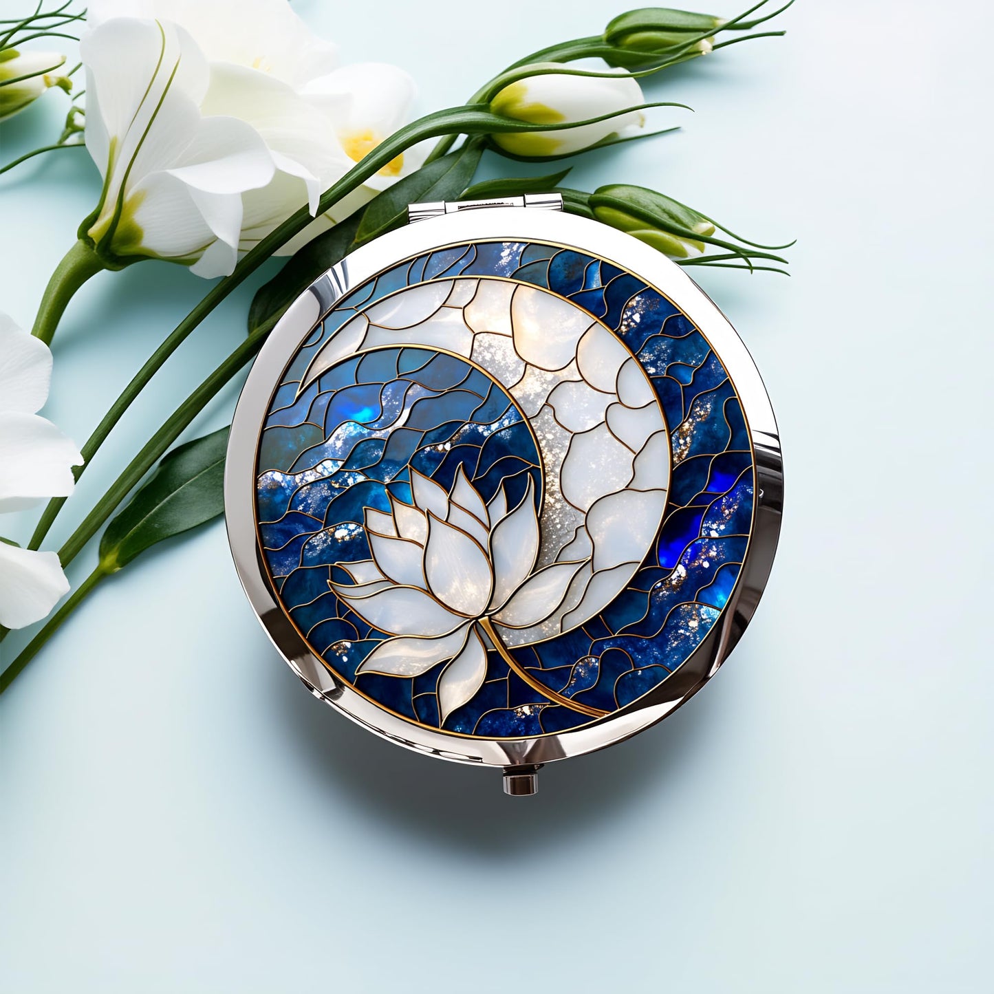 Silver Compact Mirror, 2.8x2.8inch Double-Sided Folding Makeup Mirror with Moon Lotus Stained Design, Ideal Gift for Women