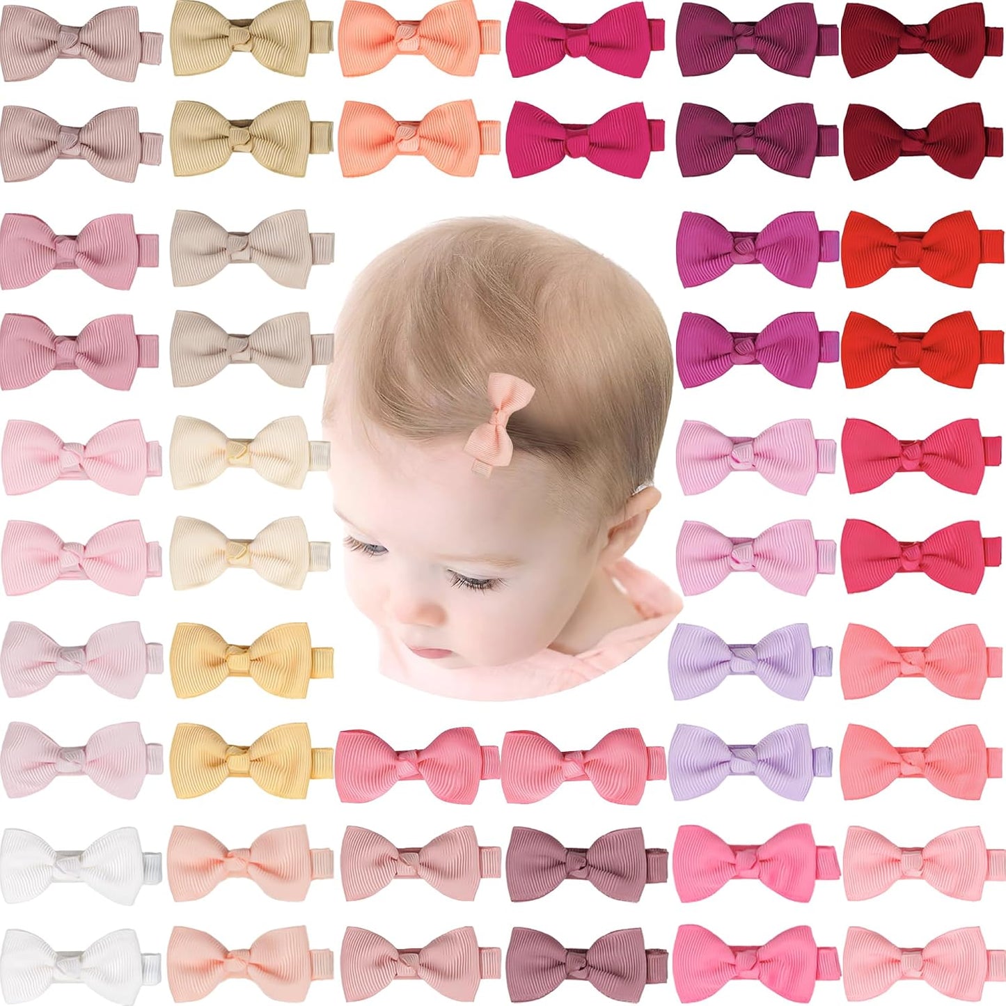 Baby Hair Clips - 50PCS Fully Lined Bows for Girls | Tiny 2" Alligator Clips for Infants & Toddlers