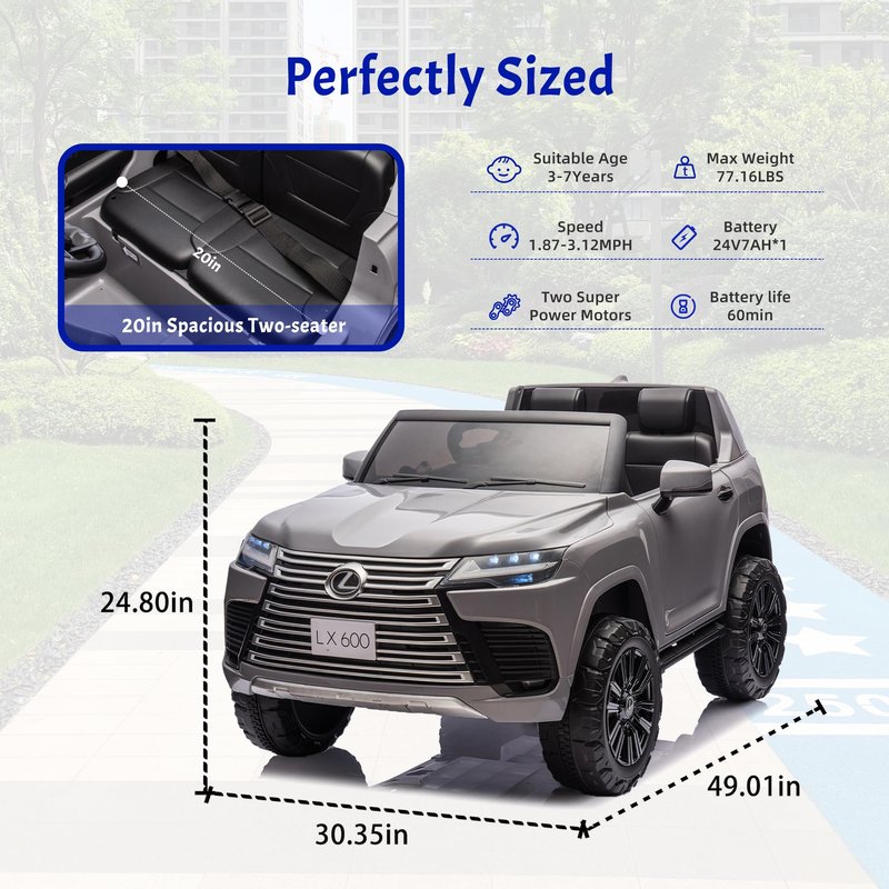 24V Ride on Toys for Big Kids, Licensed Lexus LX600 2 Seater Ride on Cars w/Remote Control, 4-Wheel Suspension, LED Lighting, Bluetooth, Power Display, Electric Car for Boys Girls, Gray