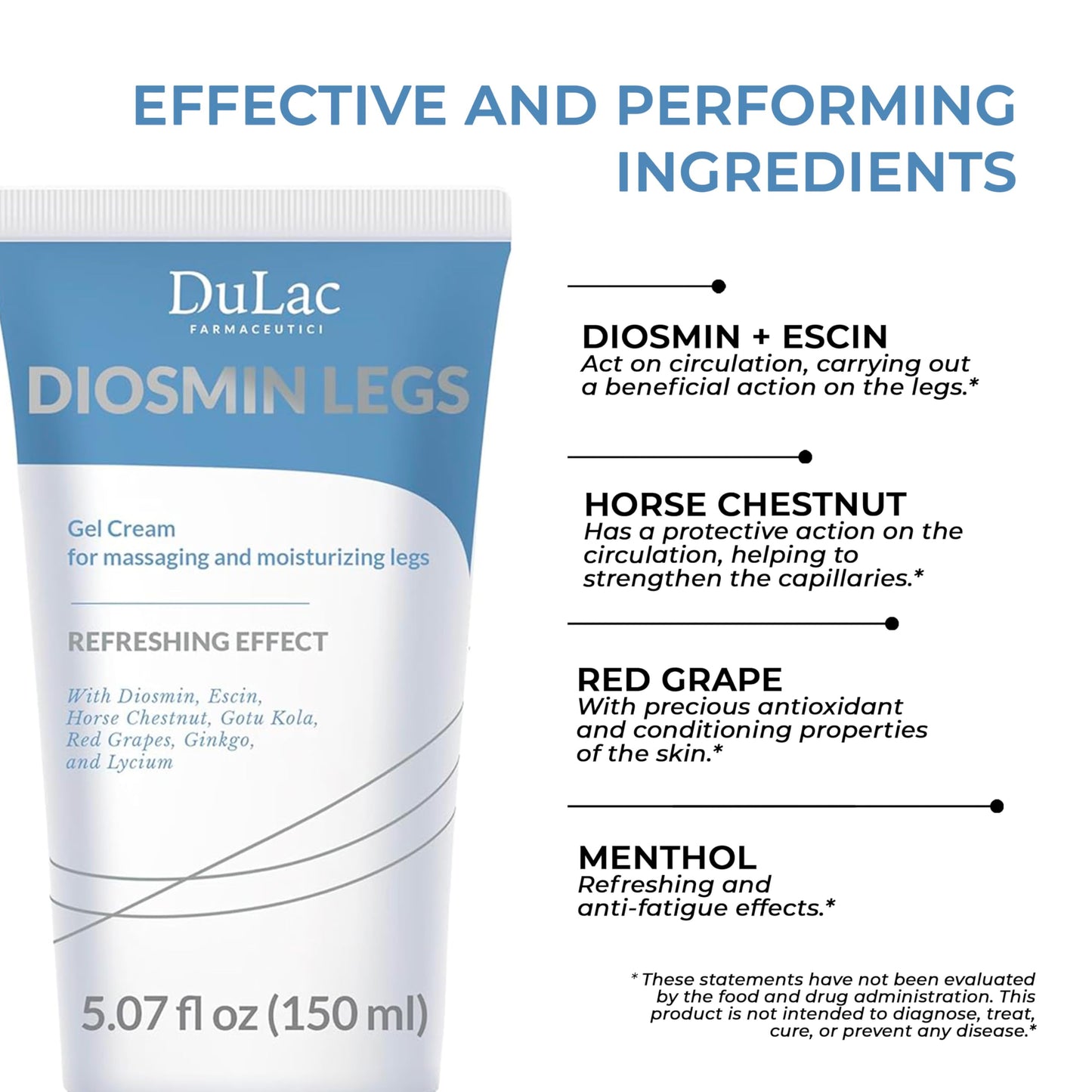 Dulàc - Diosmin Legs - Varicose Veins Treatment for Legs, Gel Cream for Circulation and Spider Veins, Cooling Effect Diosmin and Horse Chestnut Cream for Leg Swelling Relief