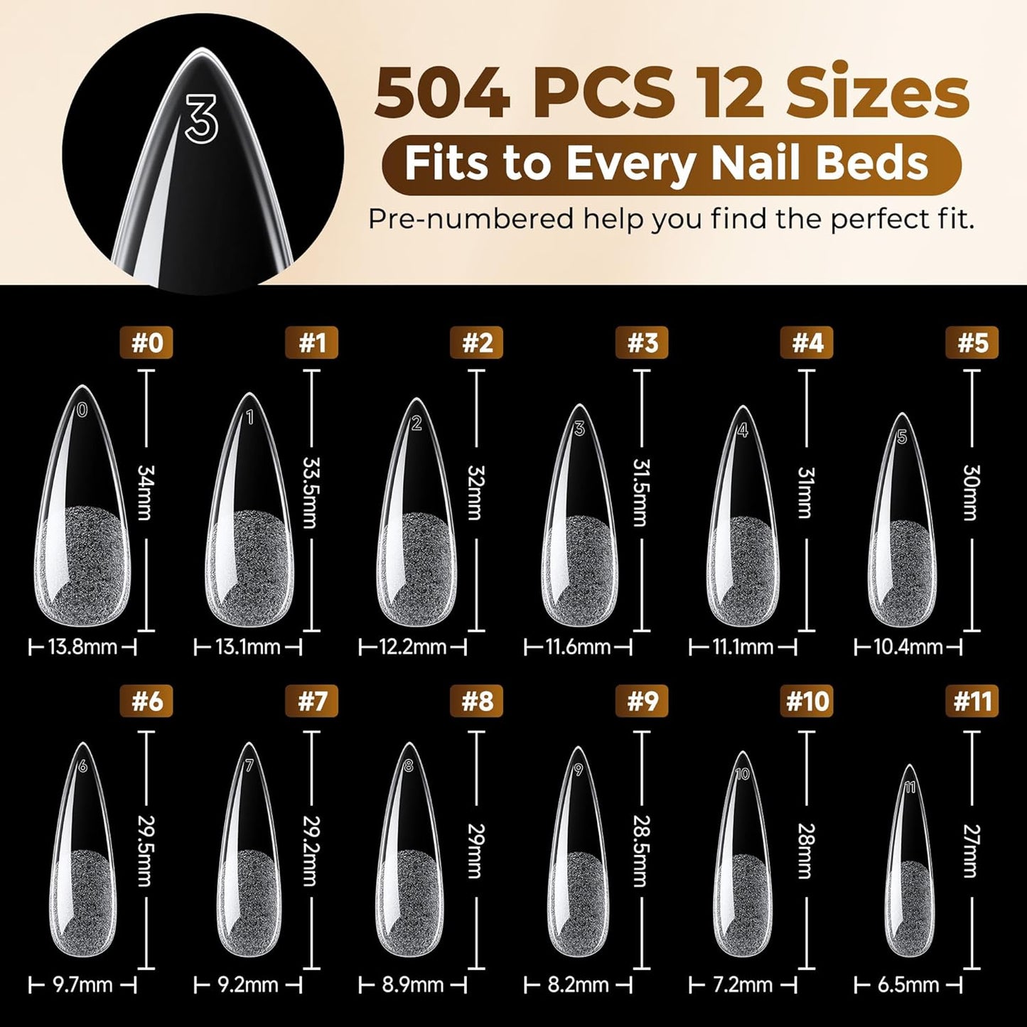 Long Stiletto Nail Tips - 504PCS Full Cover Pre-Etched Almond Clear Fake Nails | Sturdy Acrylic for DIY Extensions, 12 Sizes