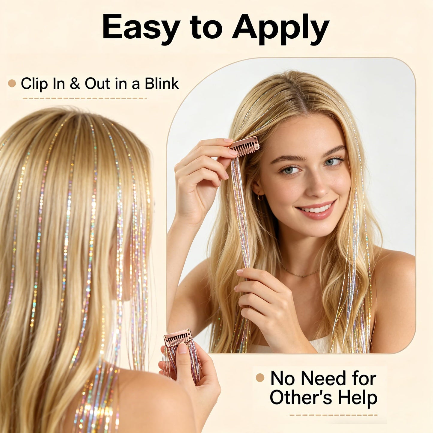 Celinebella Silver Clip in Hair Tinsel 6Pcs,24 Inch 80 Strands per PC,Heat Resistant Sparkle Hair Extensions Easy to Use for Women Teens Daily Party Prom Accessories Christmas New Year Festival Gift