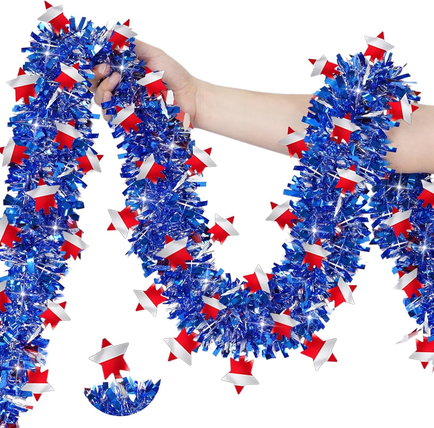 4th of July Decorations - Red, White & Blue Metallic Tinsel Garland for Holiday Parties | 50FT