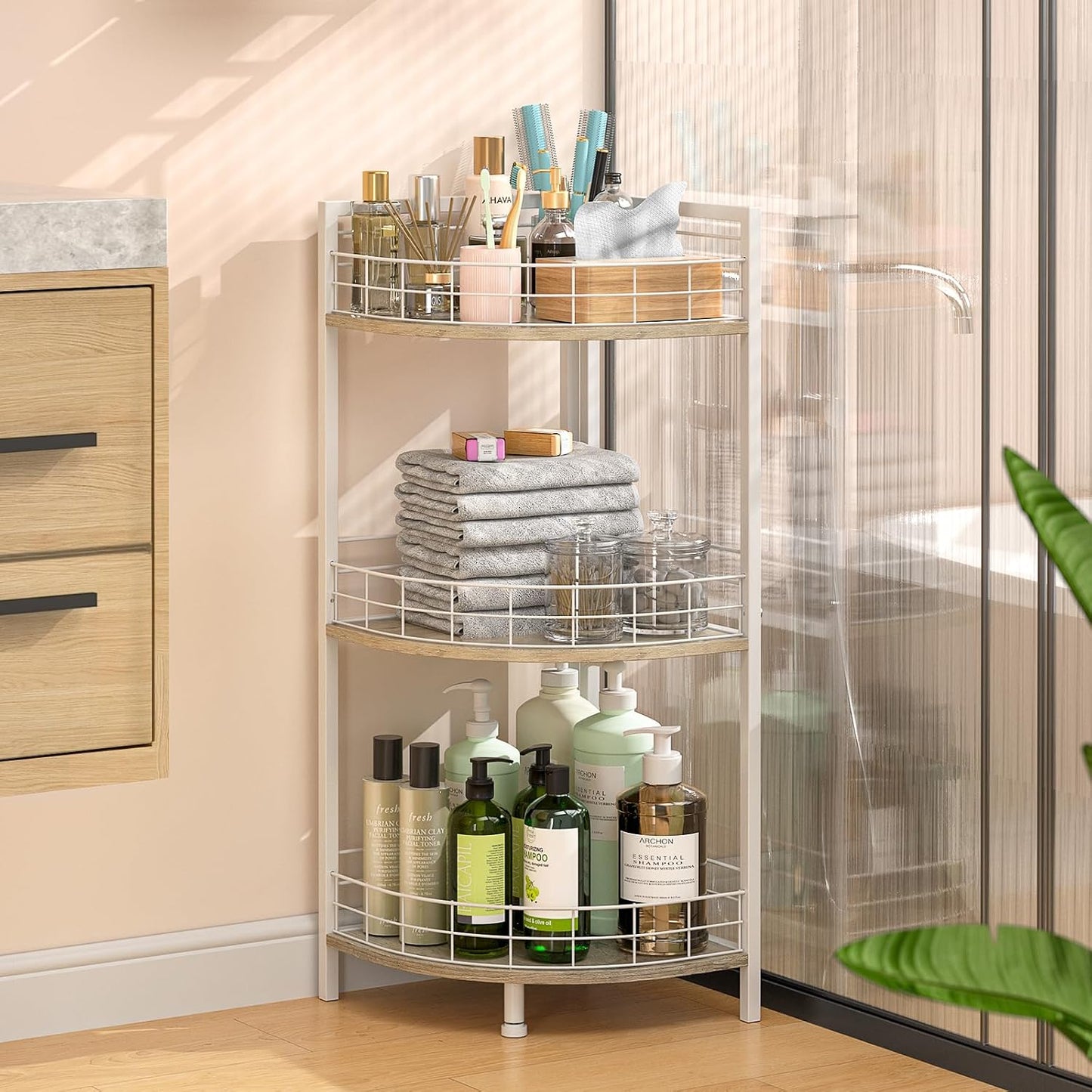 Bathroom Standing Shelf - 3 Tier Free-Standing Storage Unit | Triangular Curved Corner Design for Small Spaces