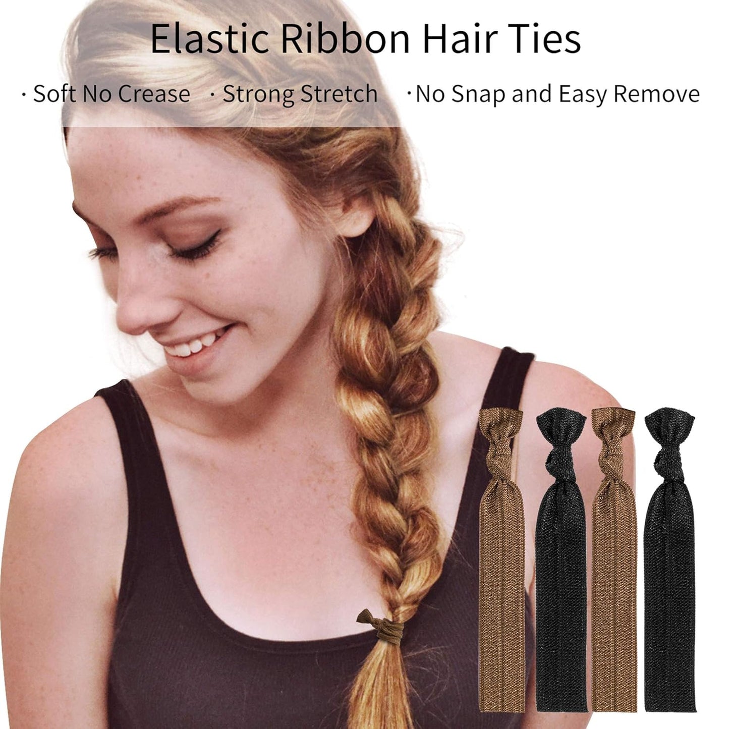 Fabric Hair Ties - No Damage Black Ribbon Flat Hair Bands | Soft Ponytail Holders for Women