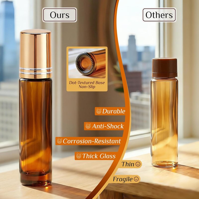 Amber Glass Oil Roller Bottles - 4 Pack 10ml Leak-Proof Refillable | Essential Oils & Perfume