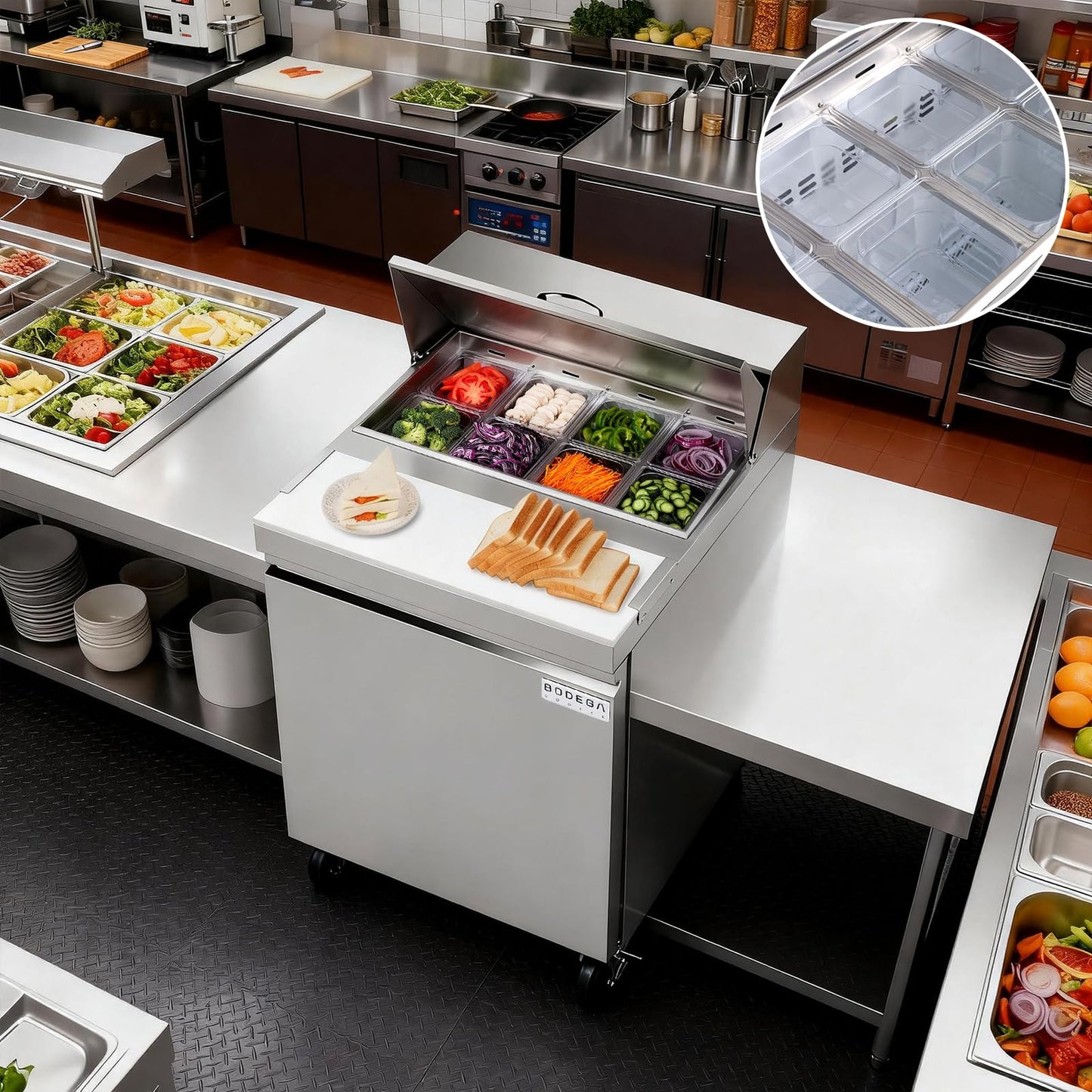 BODEGACOOLER 27" W Sandwich Prep Table Refrigerator, 8.03 Cu.Ft Pizza Prep Table, Commercial Salad Bar with Single Stainless Steel Door, 8*1/6 Pans, Cutting Board for Restaurant,Home,Cafe,Bakery