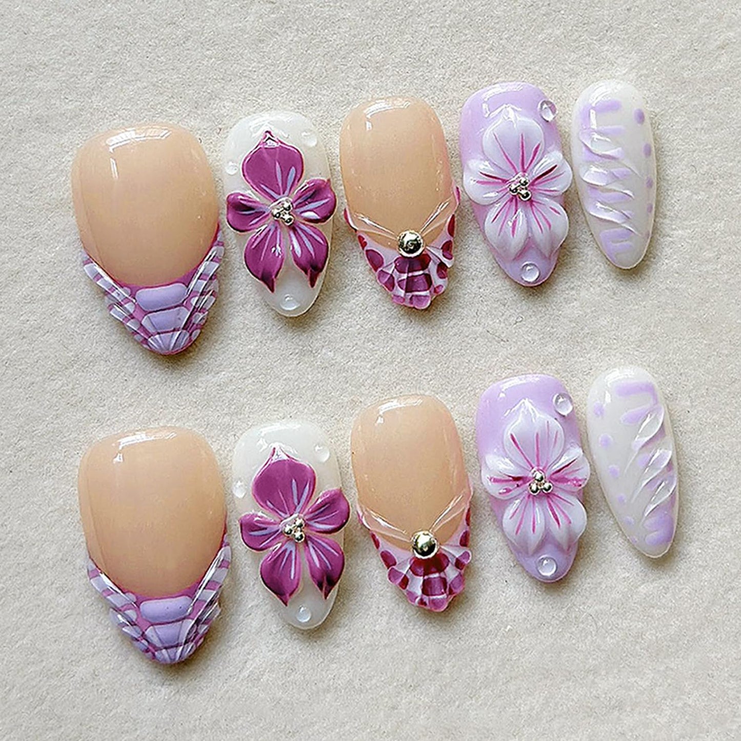Almond Press On Nails - 30Pcs Medium Fake Nails with 3D Floral Art | Red French Gradient Acrylic for Women