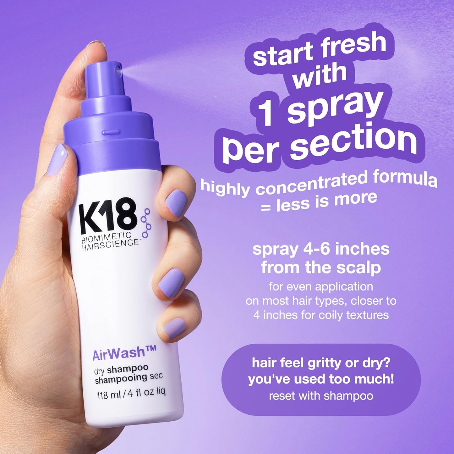 K18 AirWash™ Dry Shampoo - Non-Aerosol Formula for Balanced Scalp & Oil Control | 5 oz