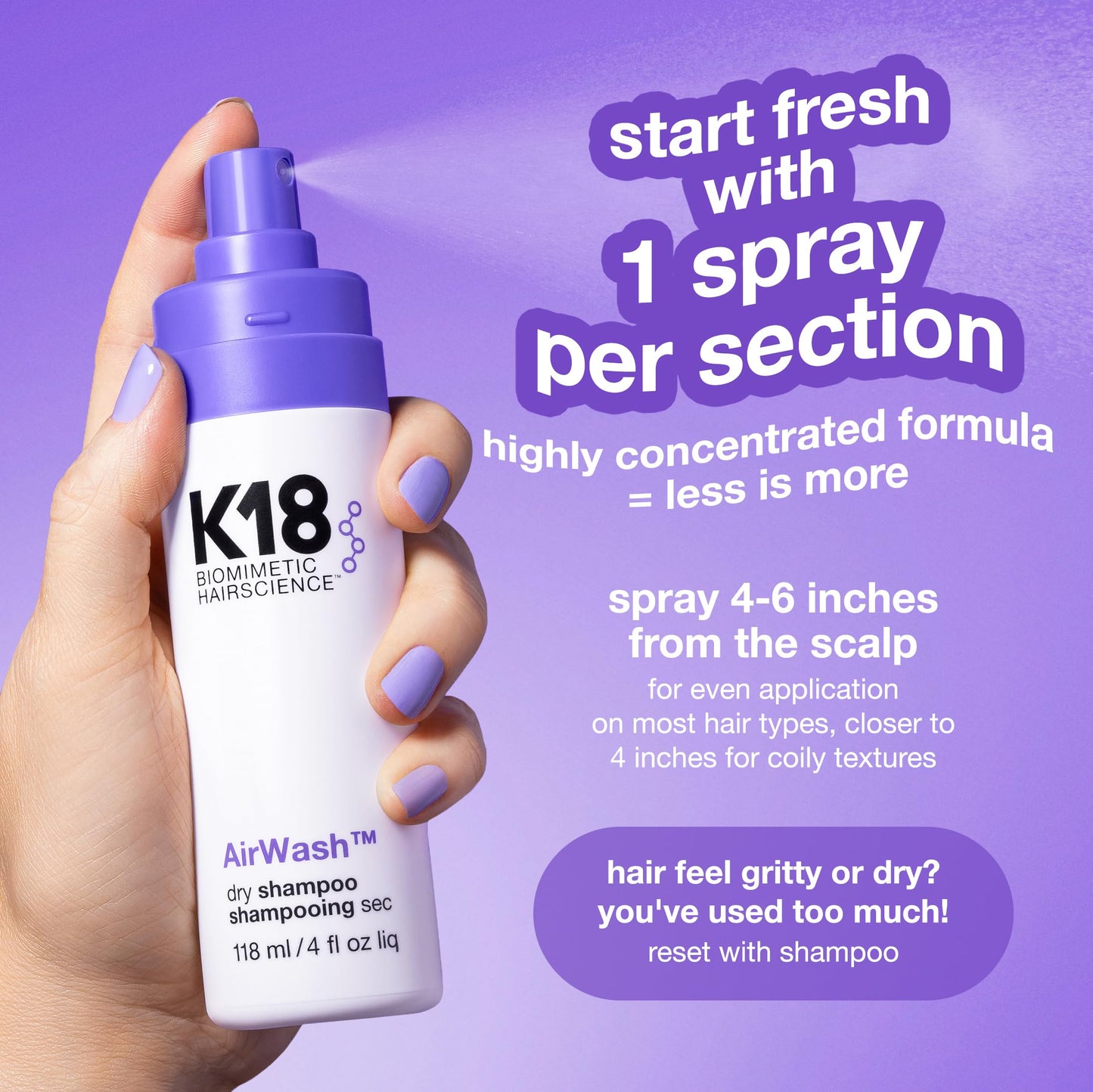K18 AirWash Non Aerosol Dry Shampoo Spray - Odor Eliminating Dry Shampoo for Women with No White Cast - Fresh Hair + Scalp for 3 Days - Absorbs Oil + Sweat Without Heavy Fragrances (4 Fl oz)