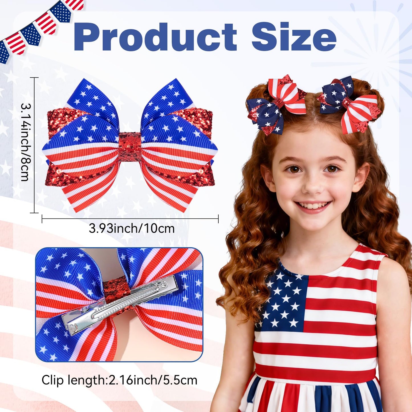 4PCS Glitter American Flag Hair Bows Clips, Sparkly Fourth of July Hair Bows Clips Alligator Barrettes, Patriotic Hair Accessories for Women Girls