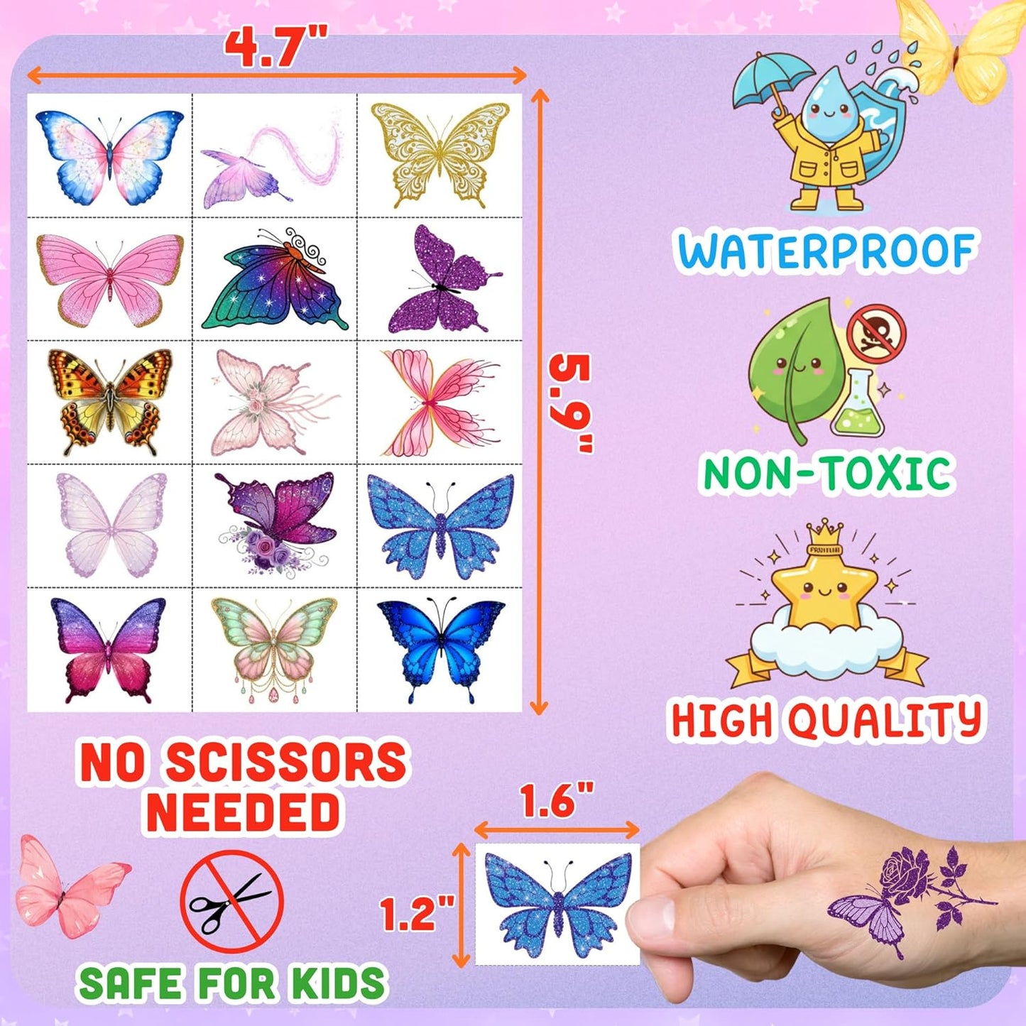 Glitter Butterfly Temporary Tattoos - Fun Party Favors for Kids & Teens | 60 Pre-Cut Stickers, Perfect for Birthday Celebrations