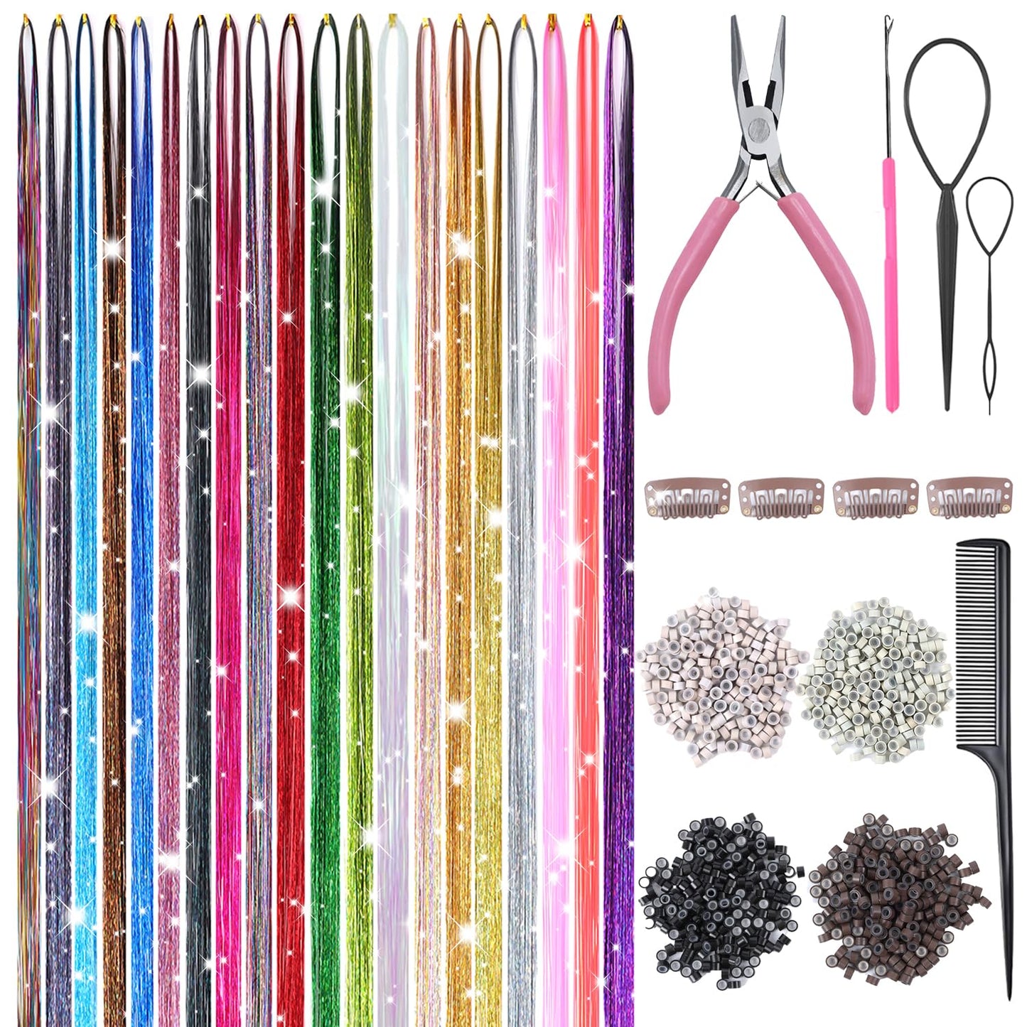 Hair Tinsel Kit - 8000 Strands of 48-Inch Glitter Extensions | 20 Vibrant Colors for Sparkling Fairy Hair