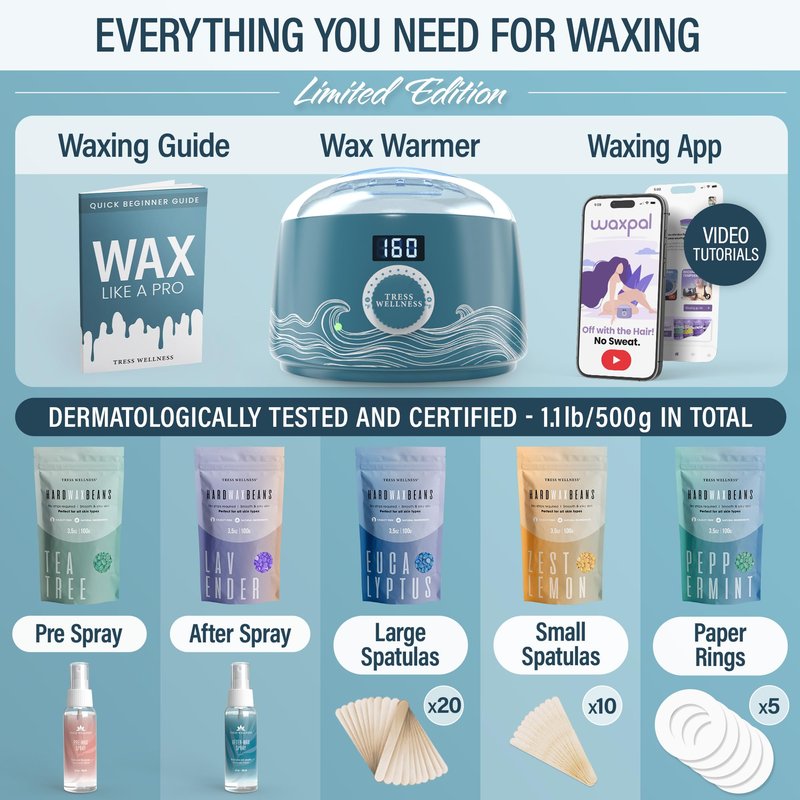 Tress Wellness Award Winning Waxing Kit for Sensitive Skin – Safe for Face & Skin, Easy to Use – At-Home Kit for Face, Bikini, Brazilian & Full Body - Digital Display, Blue Water