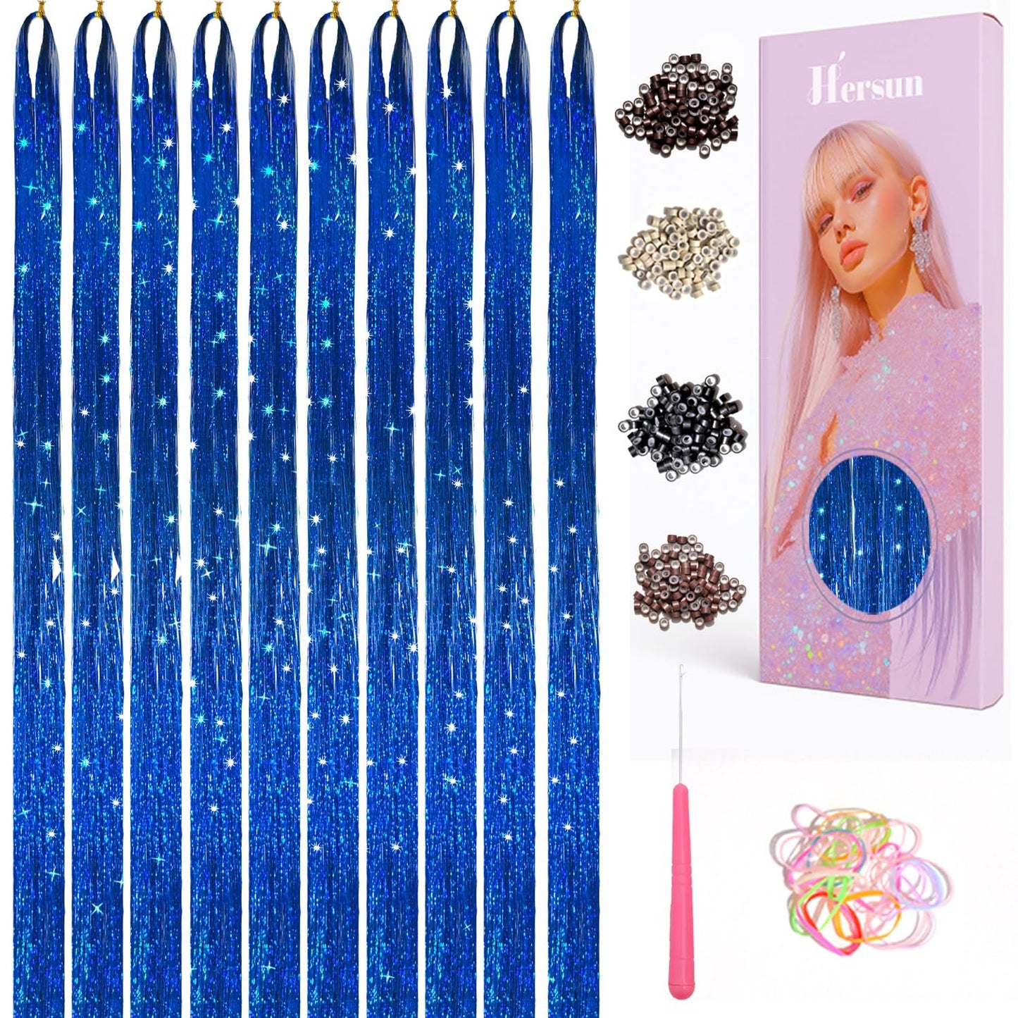 Hersun Hair Tinsel Kit - 10 Colors, 3200 Strands, 48in | Heat-Resistant Fairy Hair Extensions for Parties & Festivals