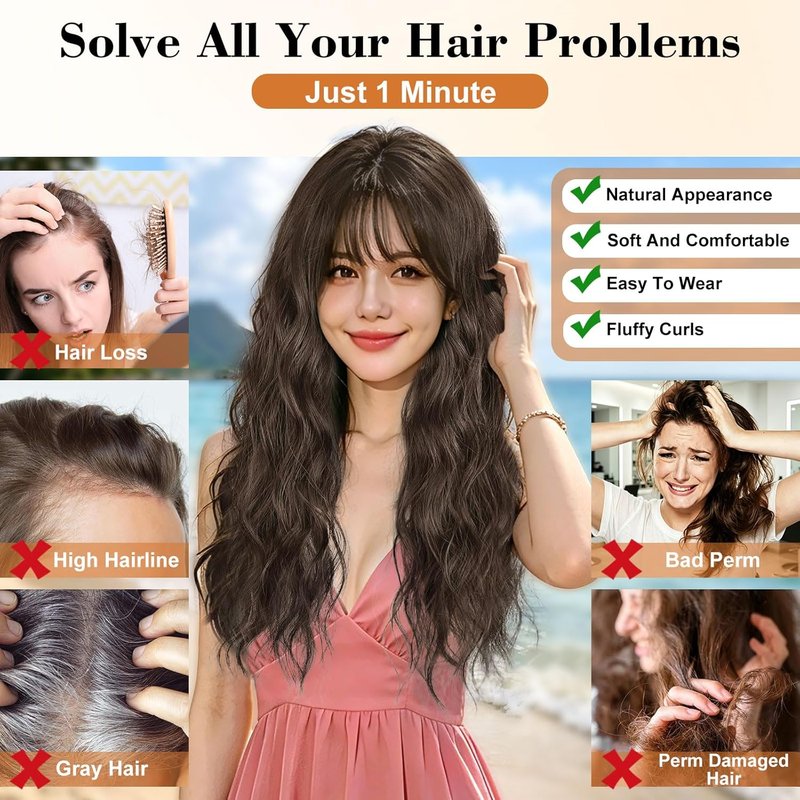 Hair Toppers for Women - 360° Hand-Knitted Lightweight Clip-In Wavy Wiglets with Bangs | 20 Inch, Medium Brown
